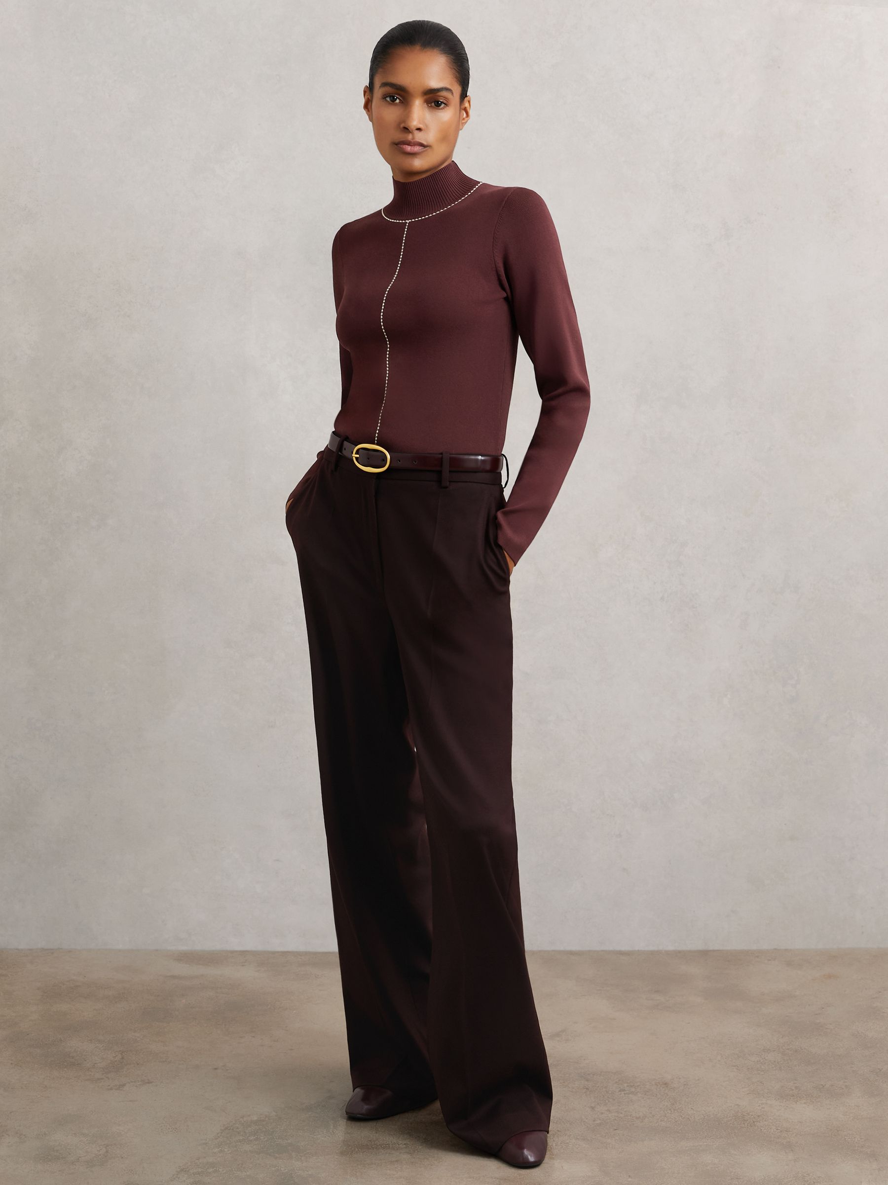 Stitch-Detail Funnel-Neck Jumper in Burgundy