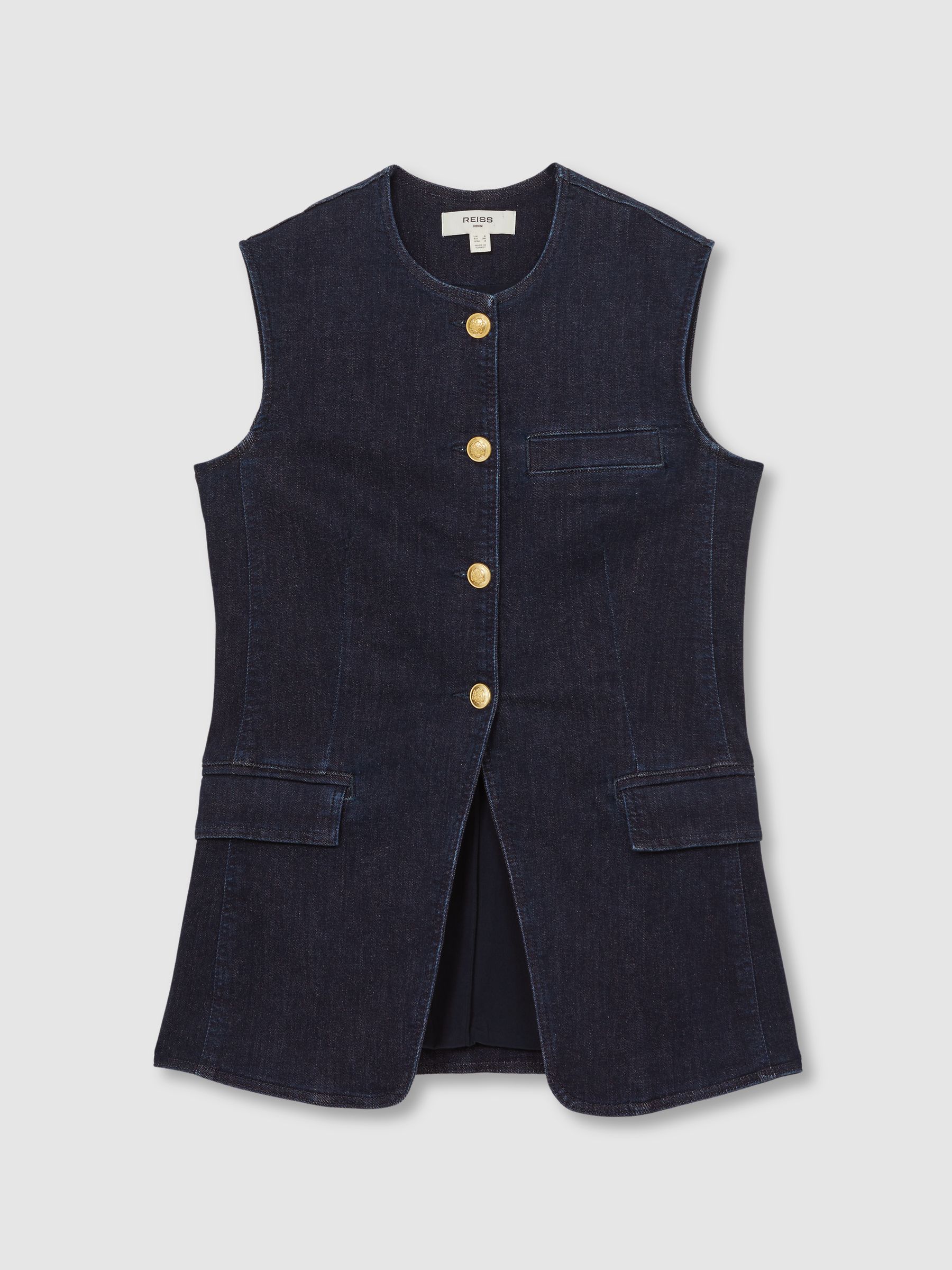 Denim Long-Line Waistcoat in Dark Blue