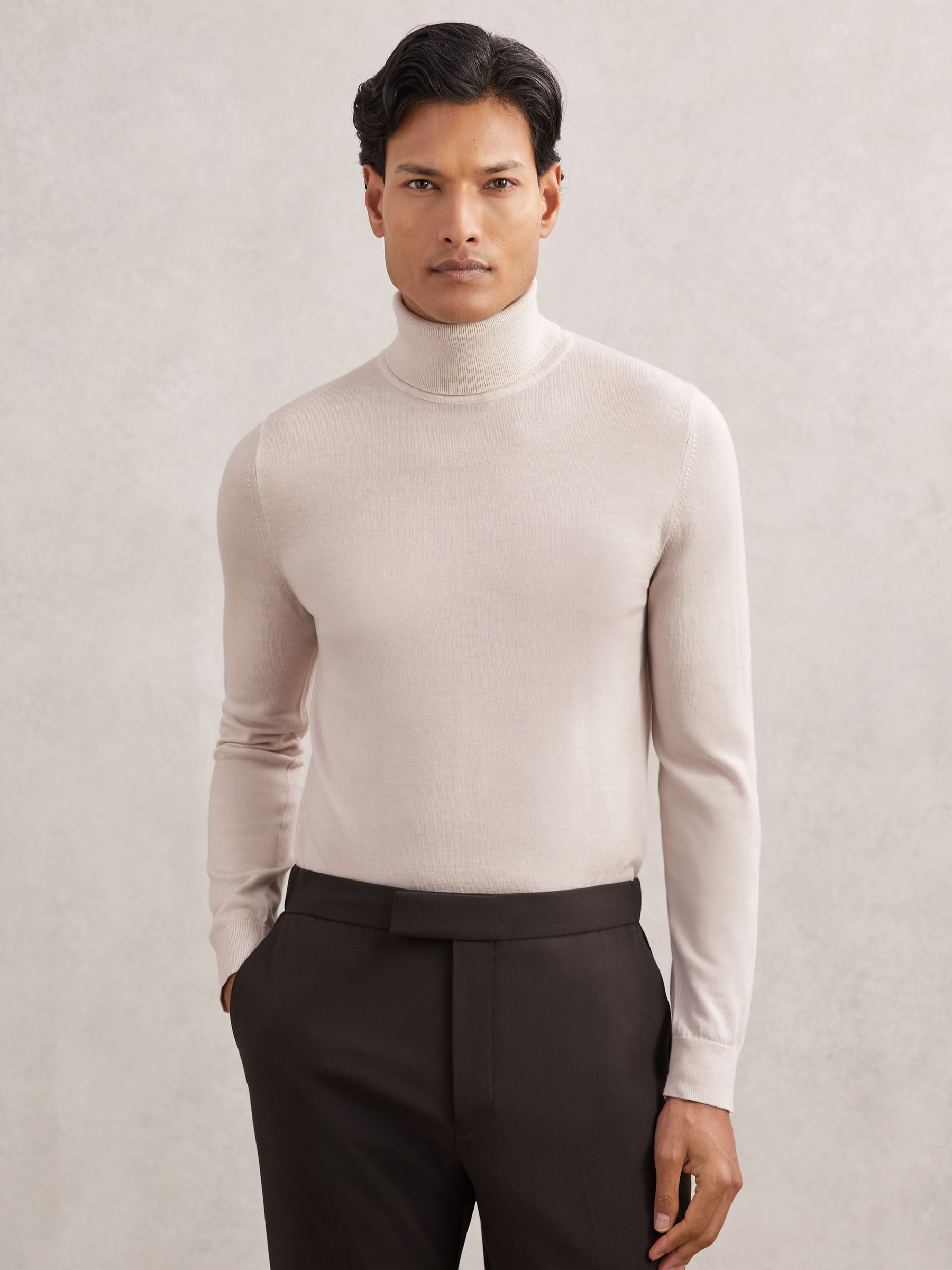 Merino Wool Roll-Neck Jumper in Beige