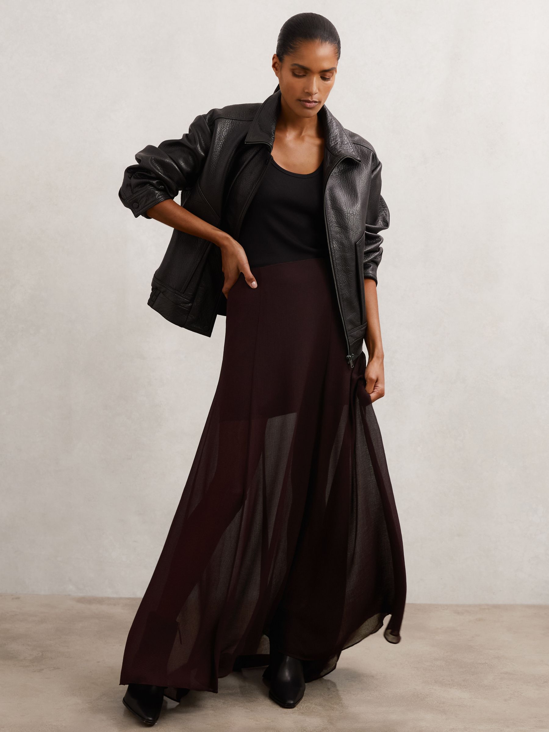 Sheer Textured Maxi Skirt in Chocolate Brown