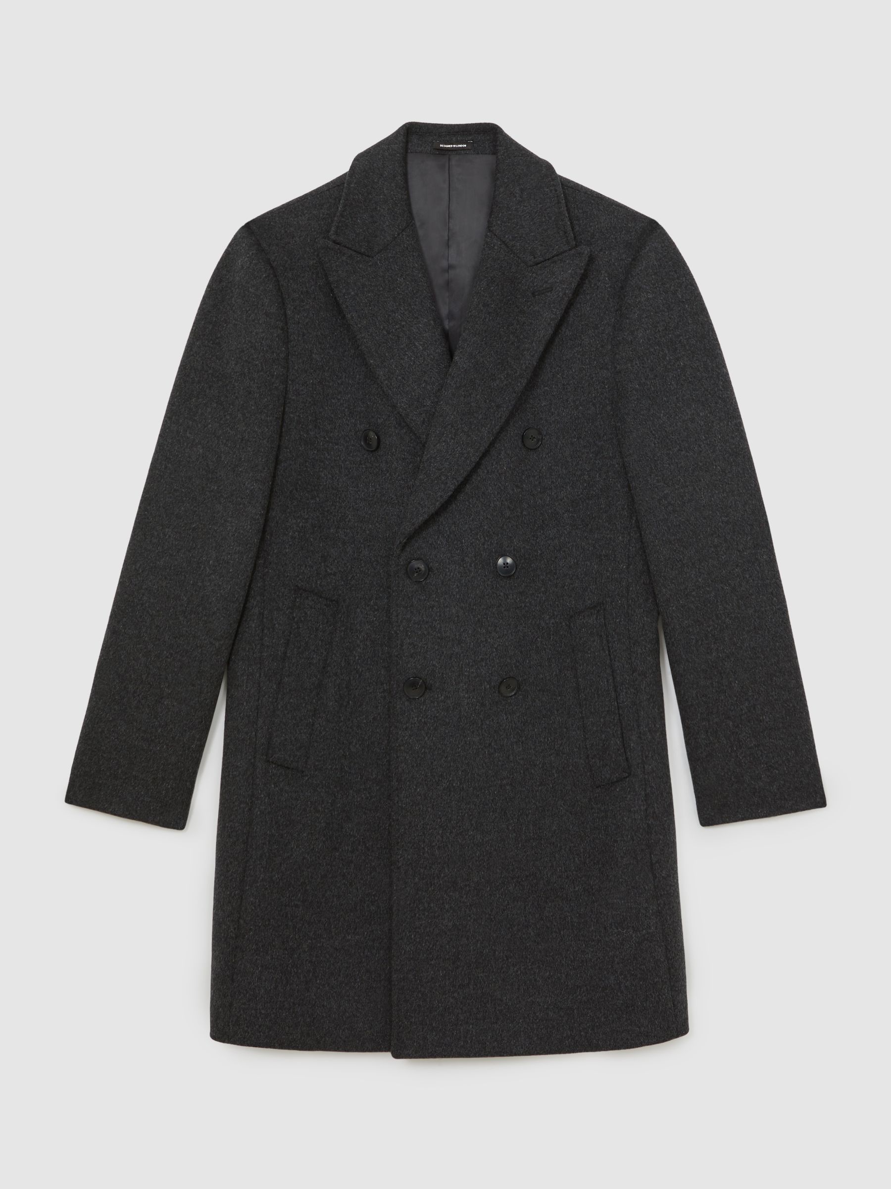 Wool-Blend Double-Breasted Overcoat in Charcoal Grey