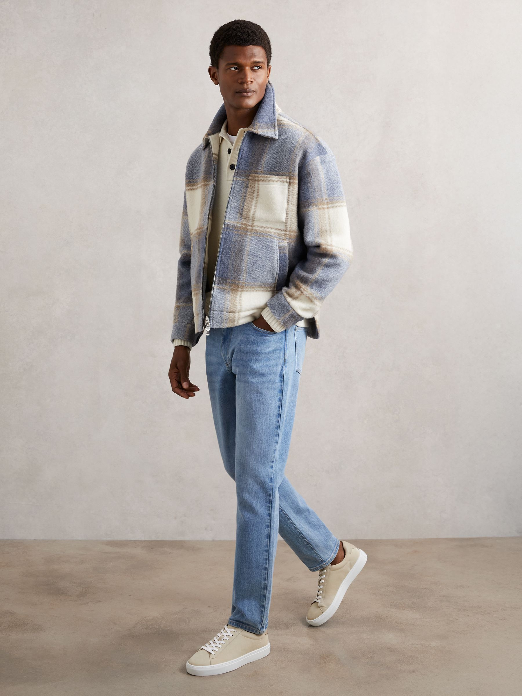 Zip-Through Check Overshirt in Stone/Blue