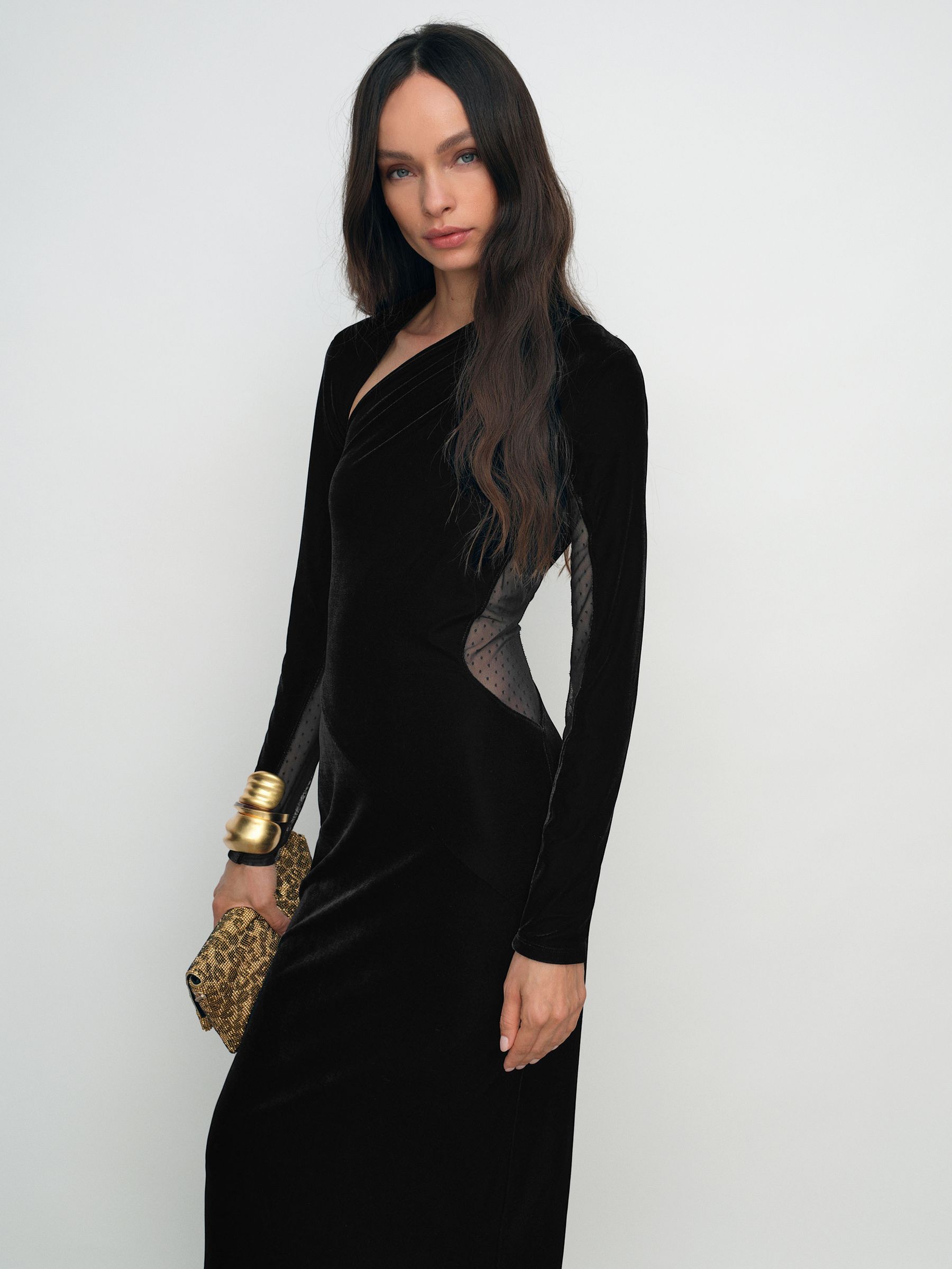 Petite Velvet Sheer-Panel Cut-Out Midi Dress in Black
