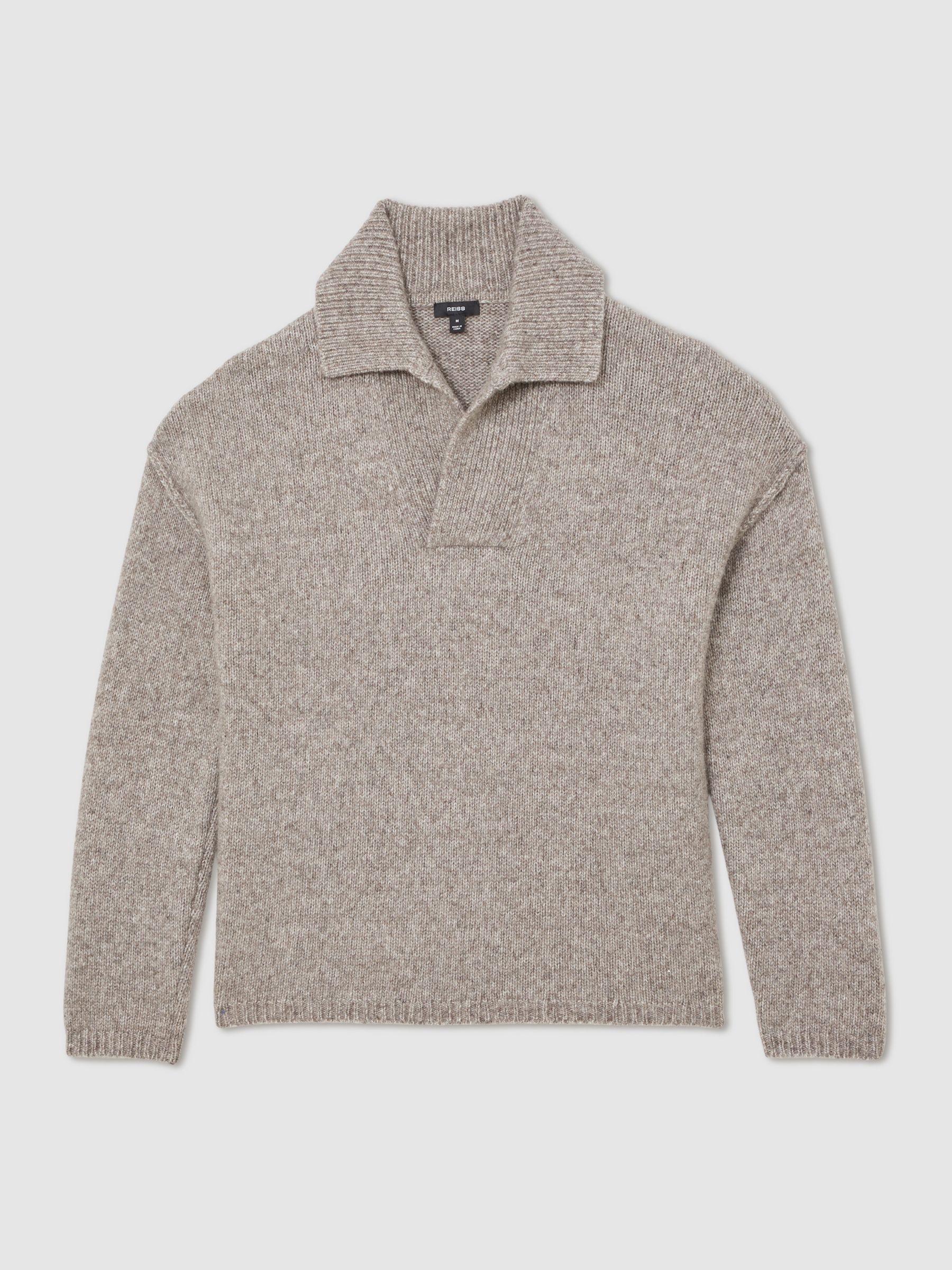 Wool-Blend Relaxed Open-Collar Jumper in Taupe Brown Melange