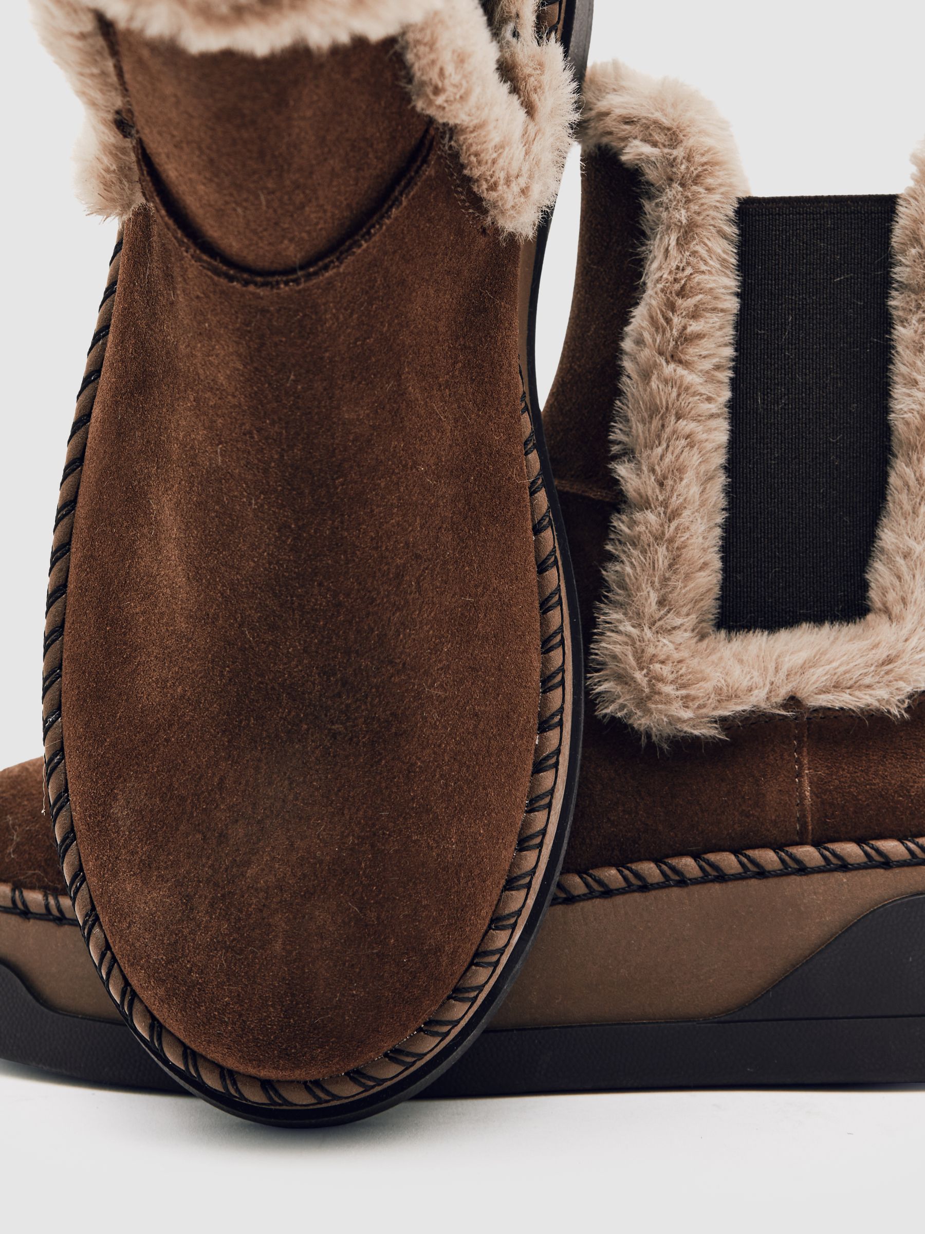 Suede Faux Fur-Trim Ankle Boots in Chocolate