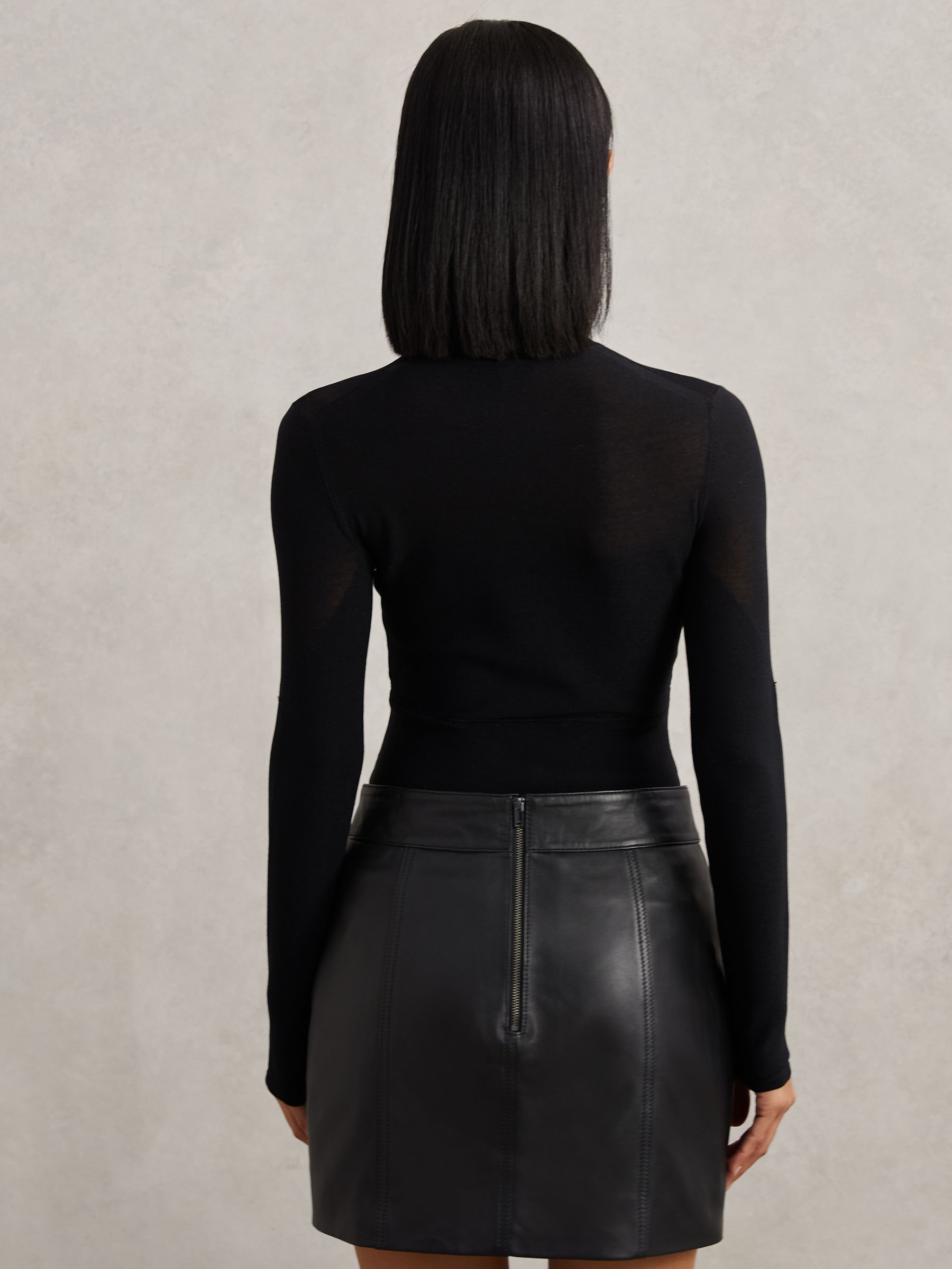 Mesh Funnel-Neck Knit Top in Black