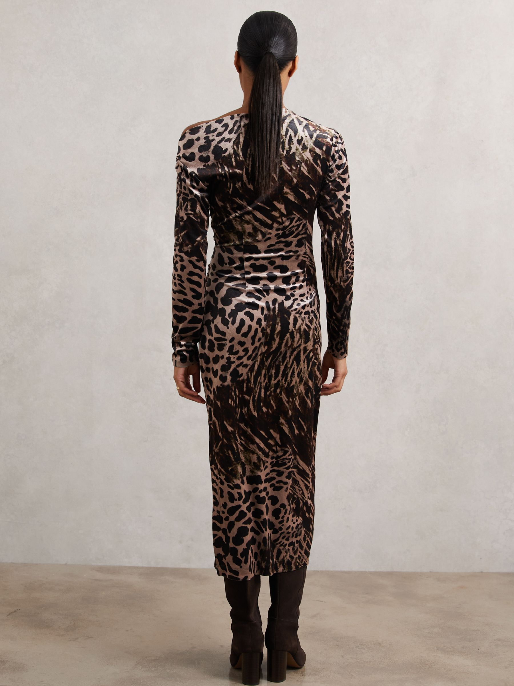 Petite Velvet Leopard-Print Midi Dress in Black/Brown