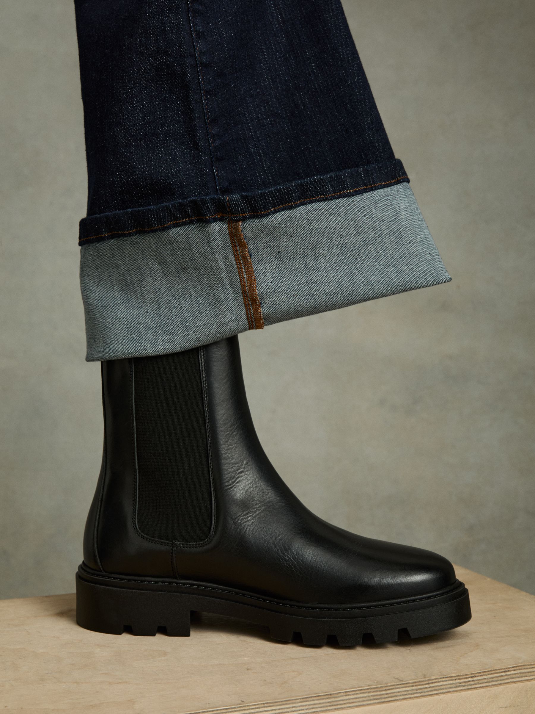 Leather Cleated Sole Chelsea Boots in Black