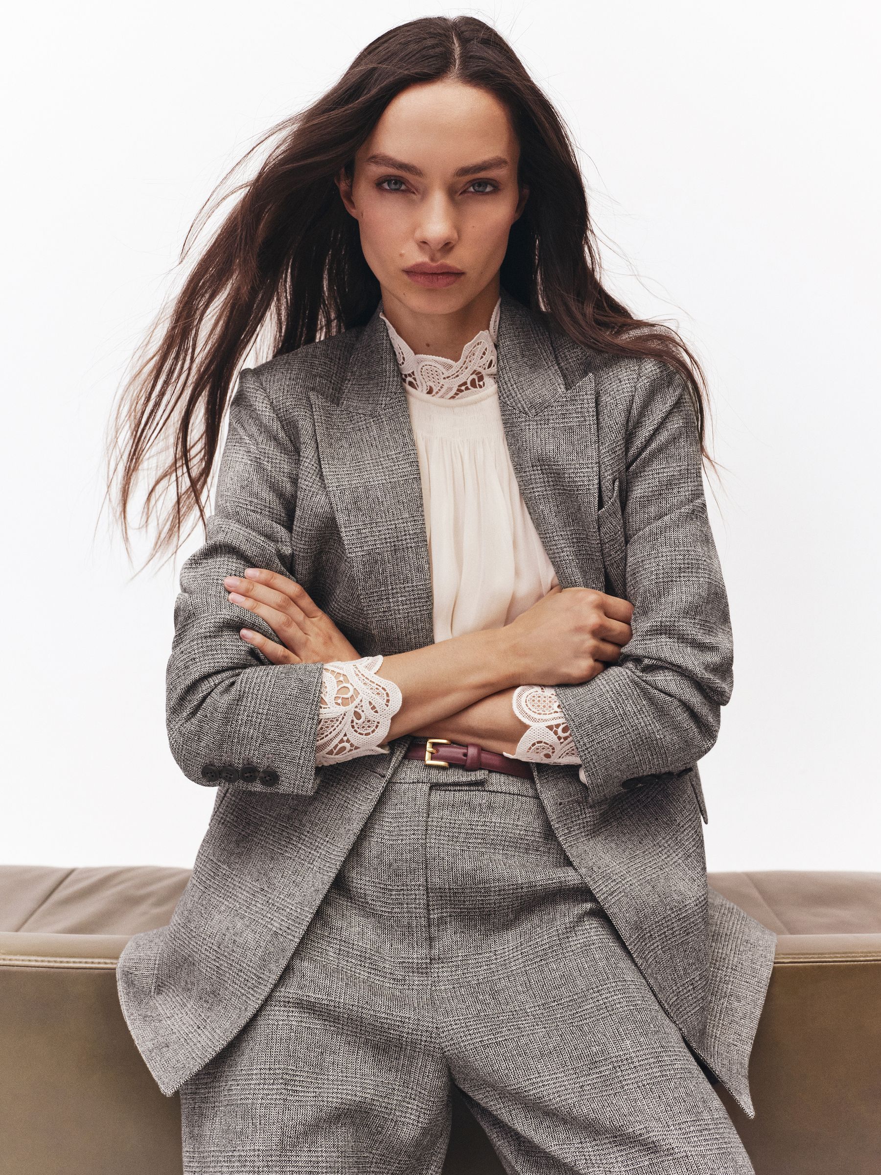 Double-Breasted Textured Suit Blazer in Grey