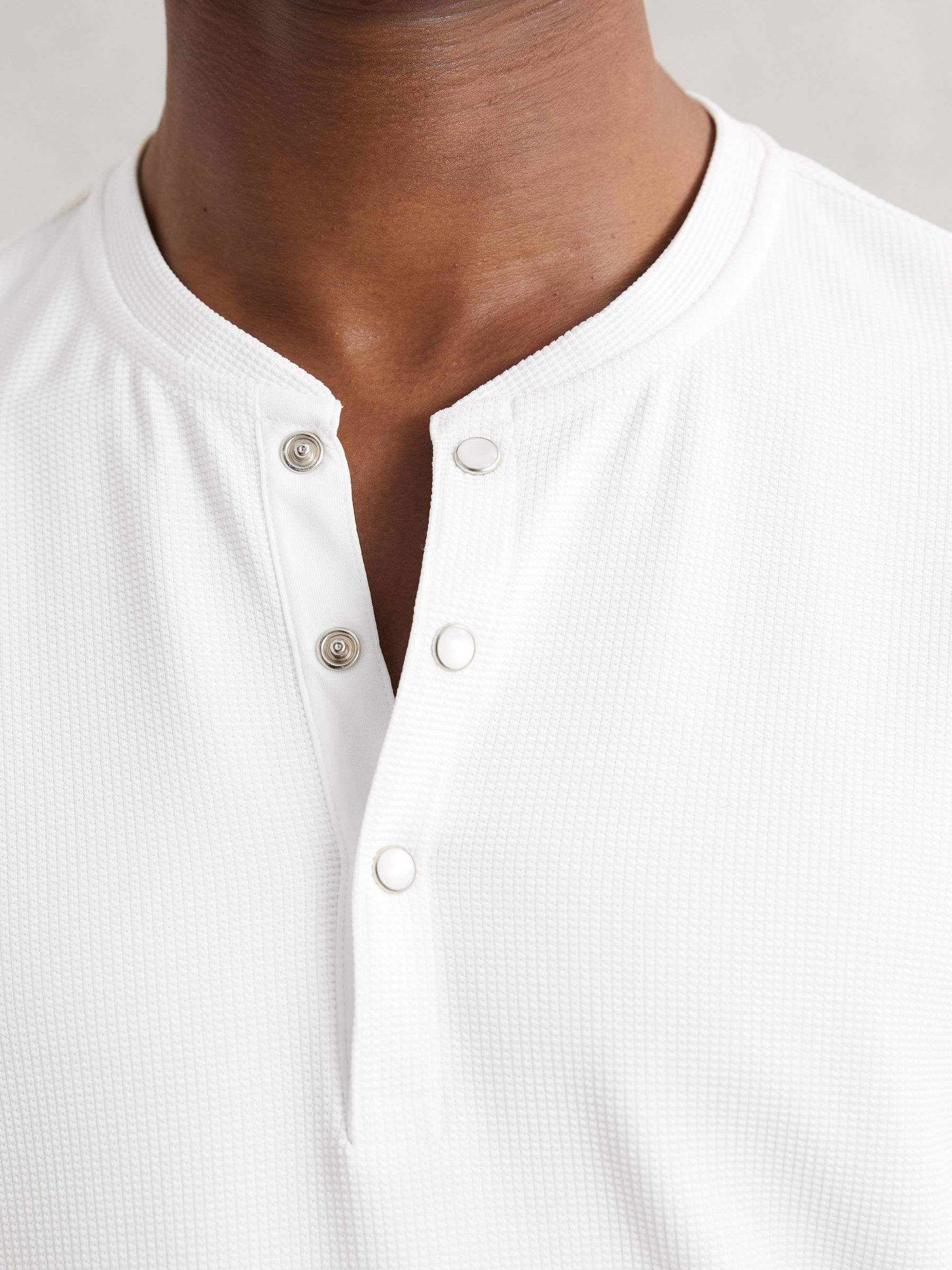 Textured Grandad-Collar Henley Shirt in White