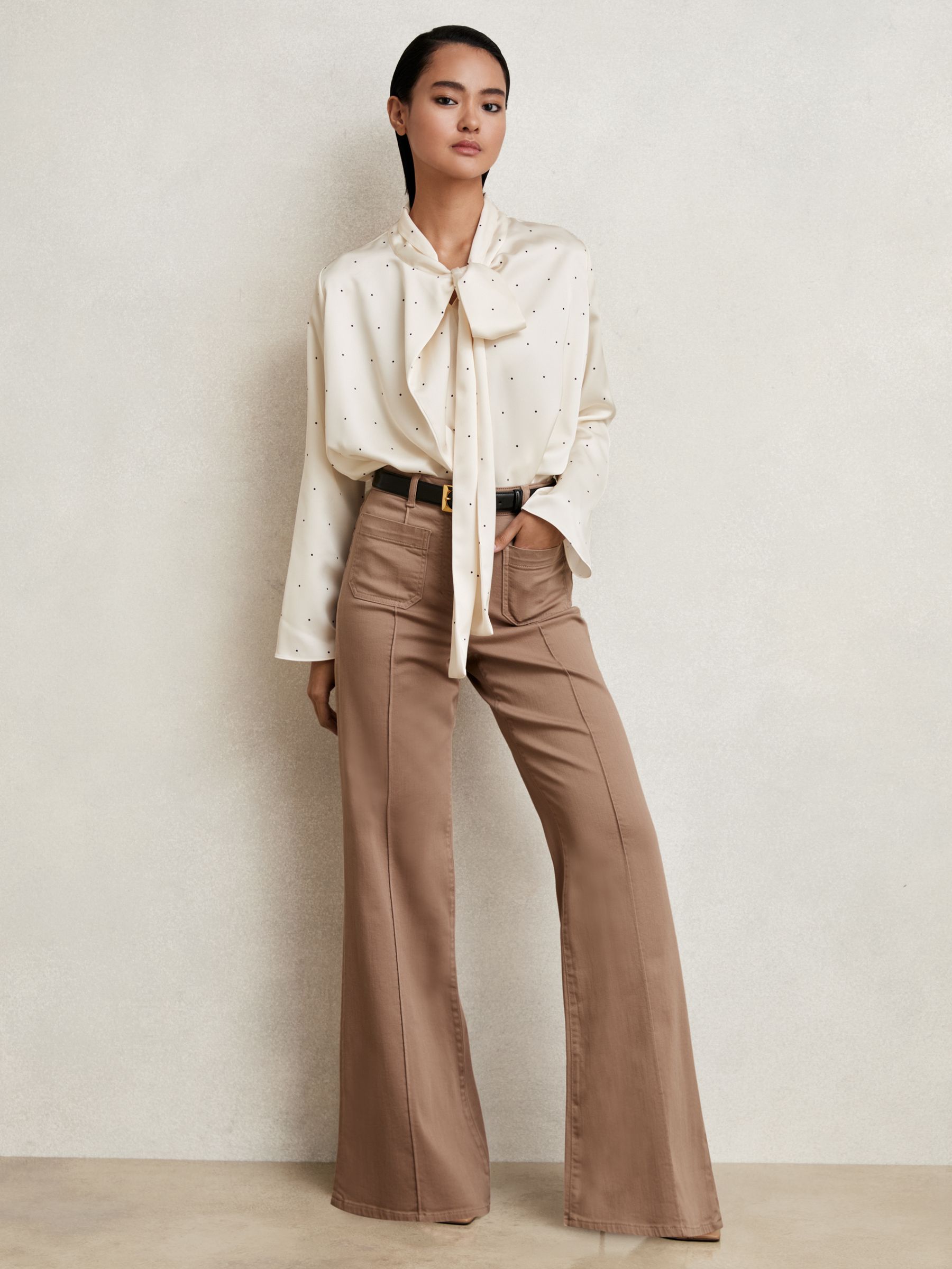 Satin Polka Dot Tie Neck Blouse in Ivory