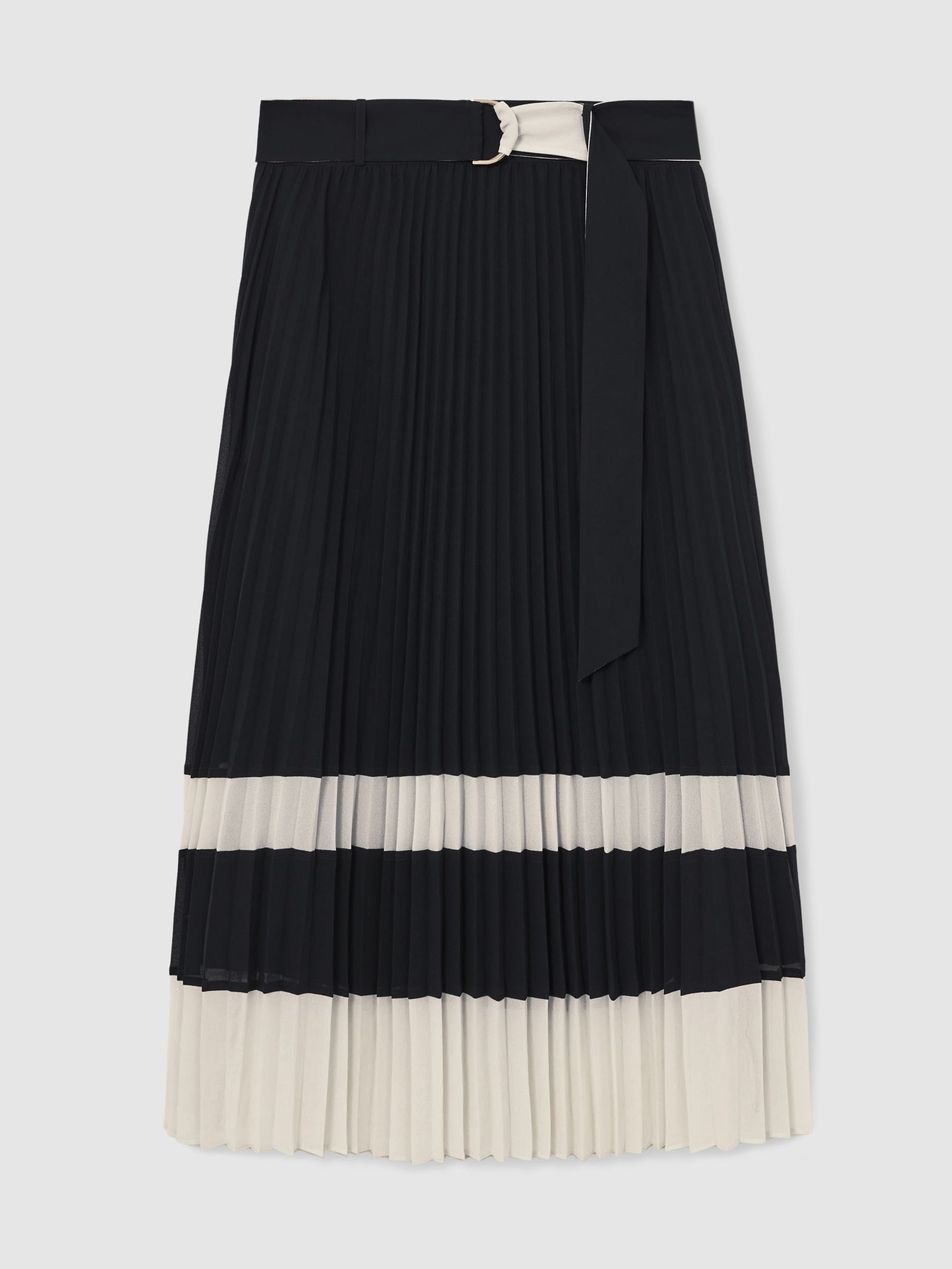 Belted Pleated Midi Skirt in Navy/Ivory