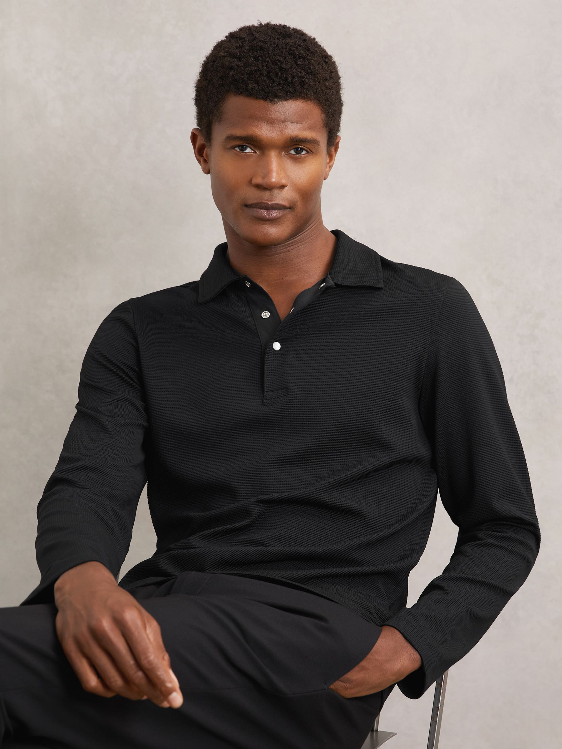 Textured Press-Stud Polo Shirt in Black