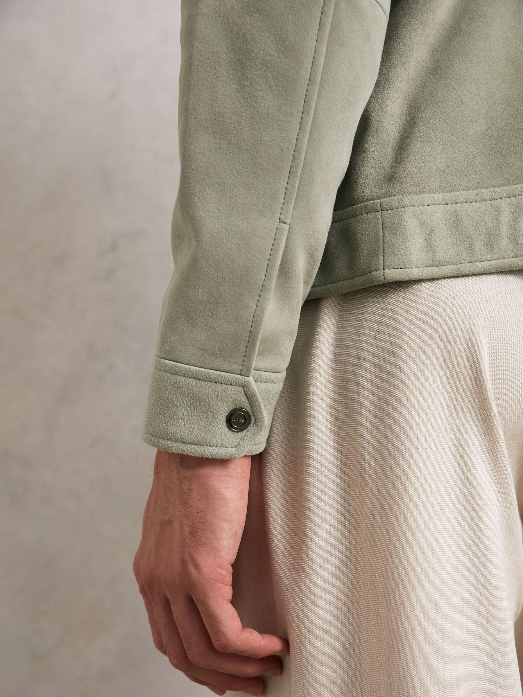 Suede Press Stud Trucker Jacket in Pistachio Green