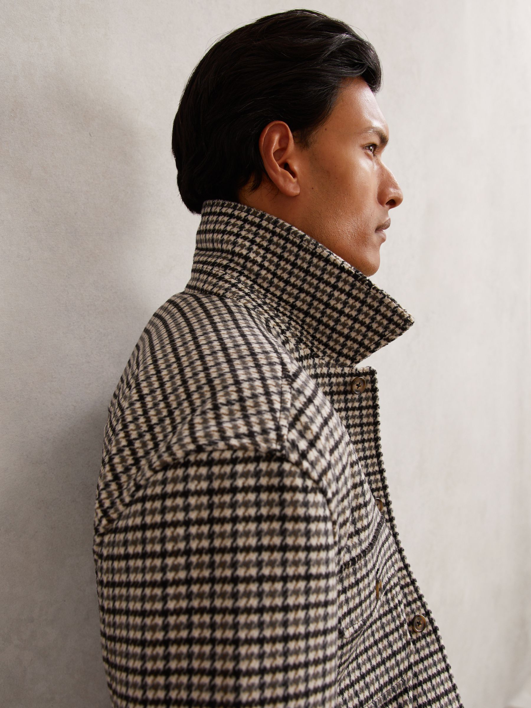 Wool-Blend Houndstooth-Check Overshirt in Grey