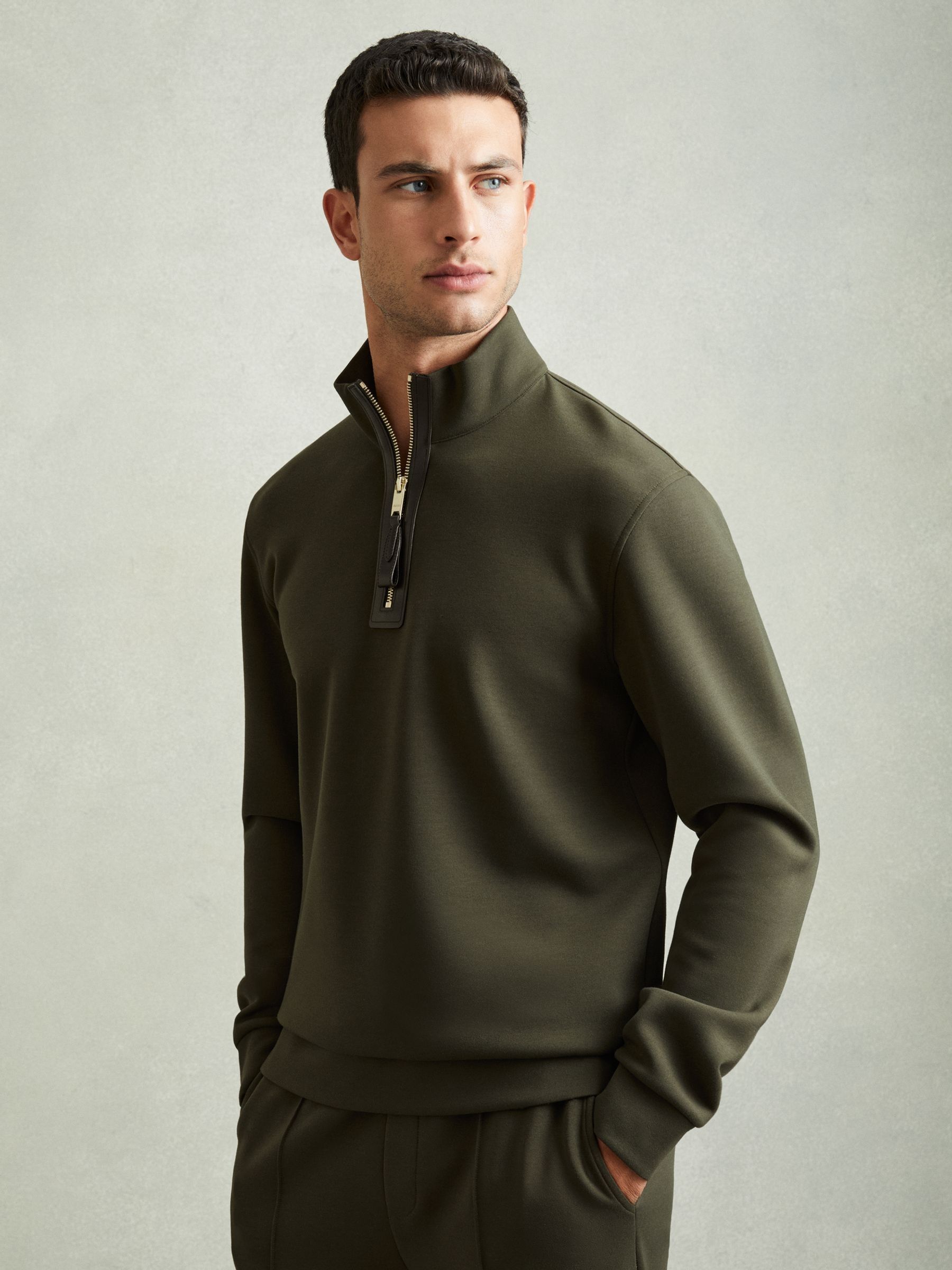 Leather-Placket Interlock-Jersey Sweatshirt in Chocolate Brown