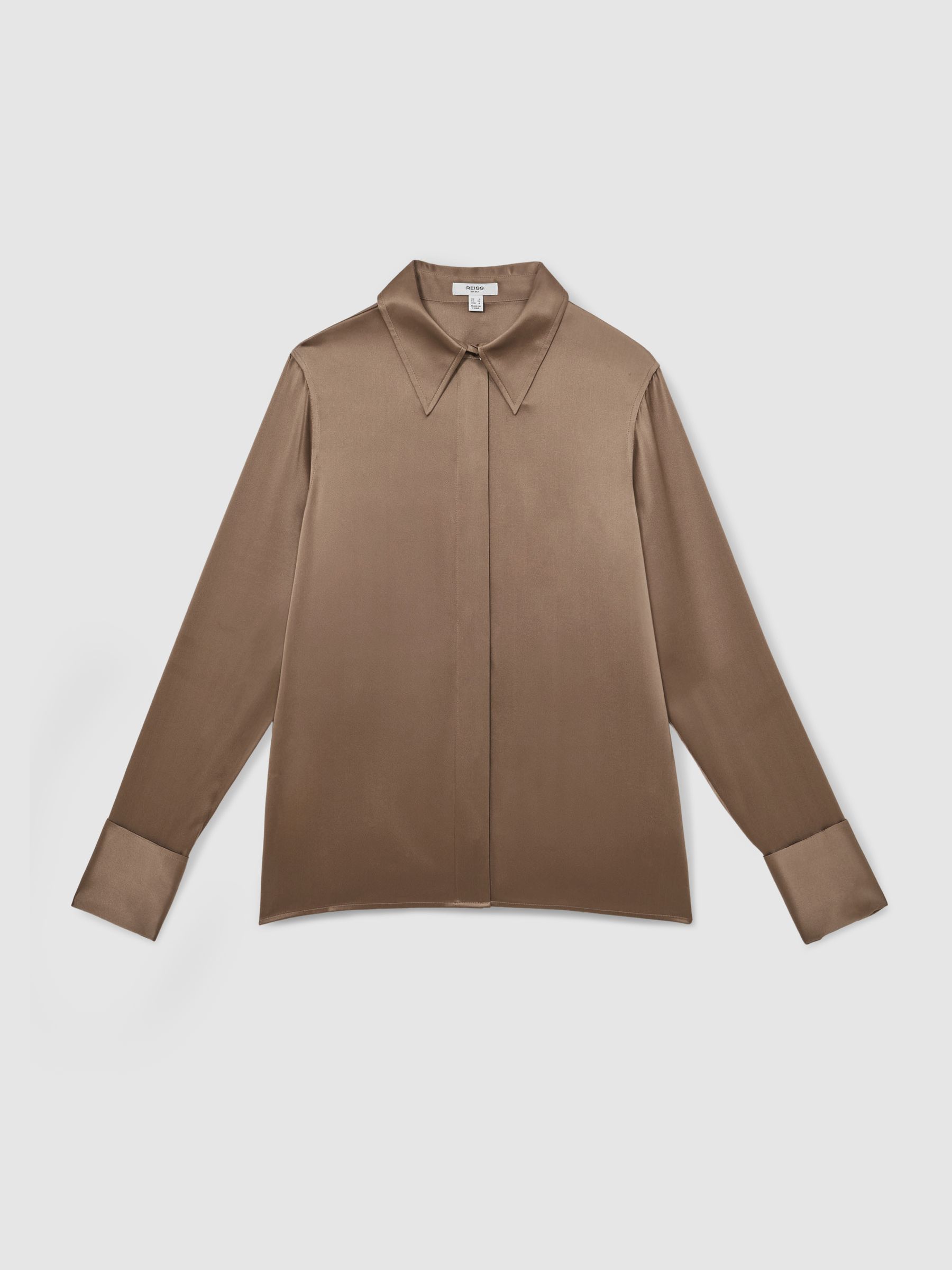 Silk-Satin Concealed-Placket Shirt in Taupe Brown