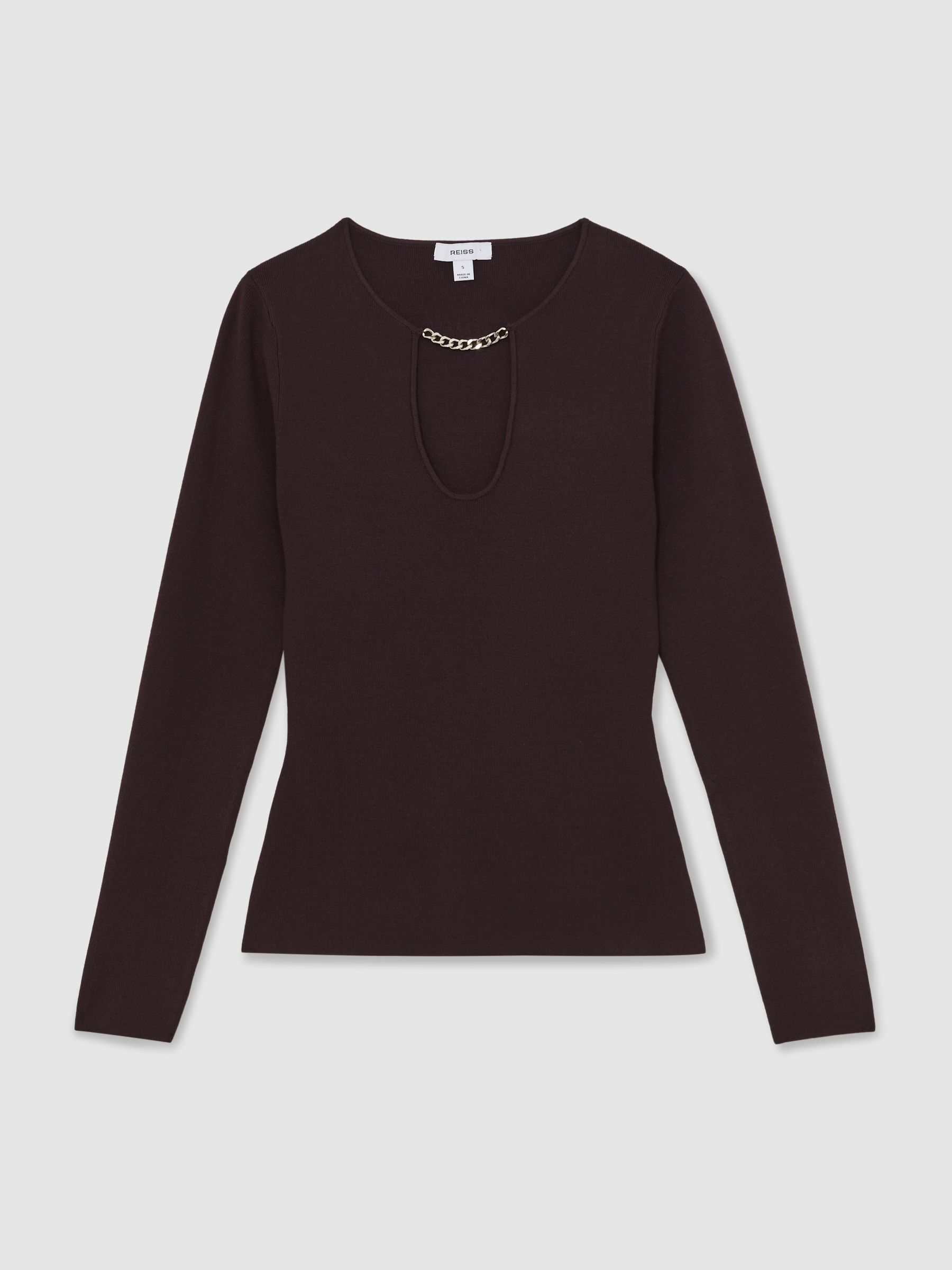 Chain-Detail Keyhole Knit Top in Plum