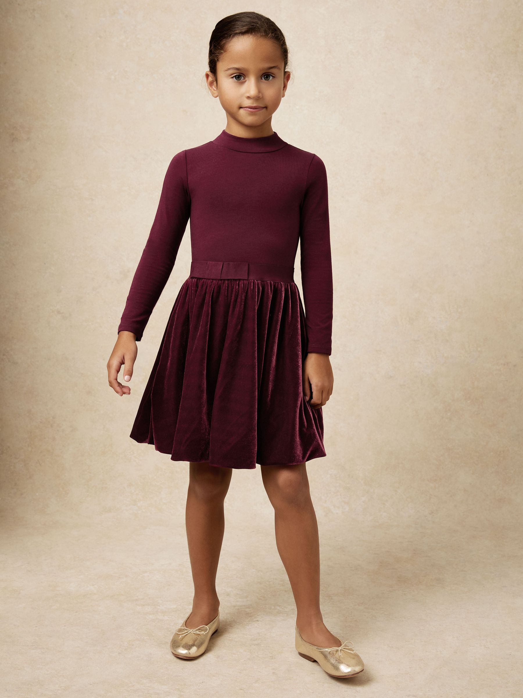 3-9 yrs Velvet-Skirt Jersey Skater Dress in Burgundy