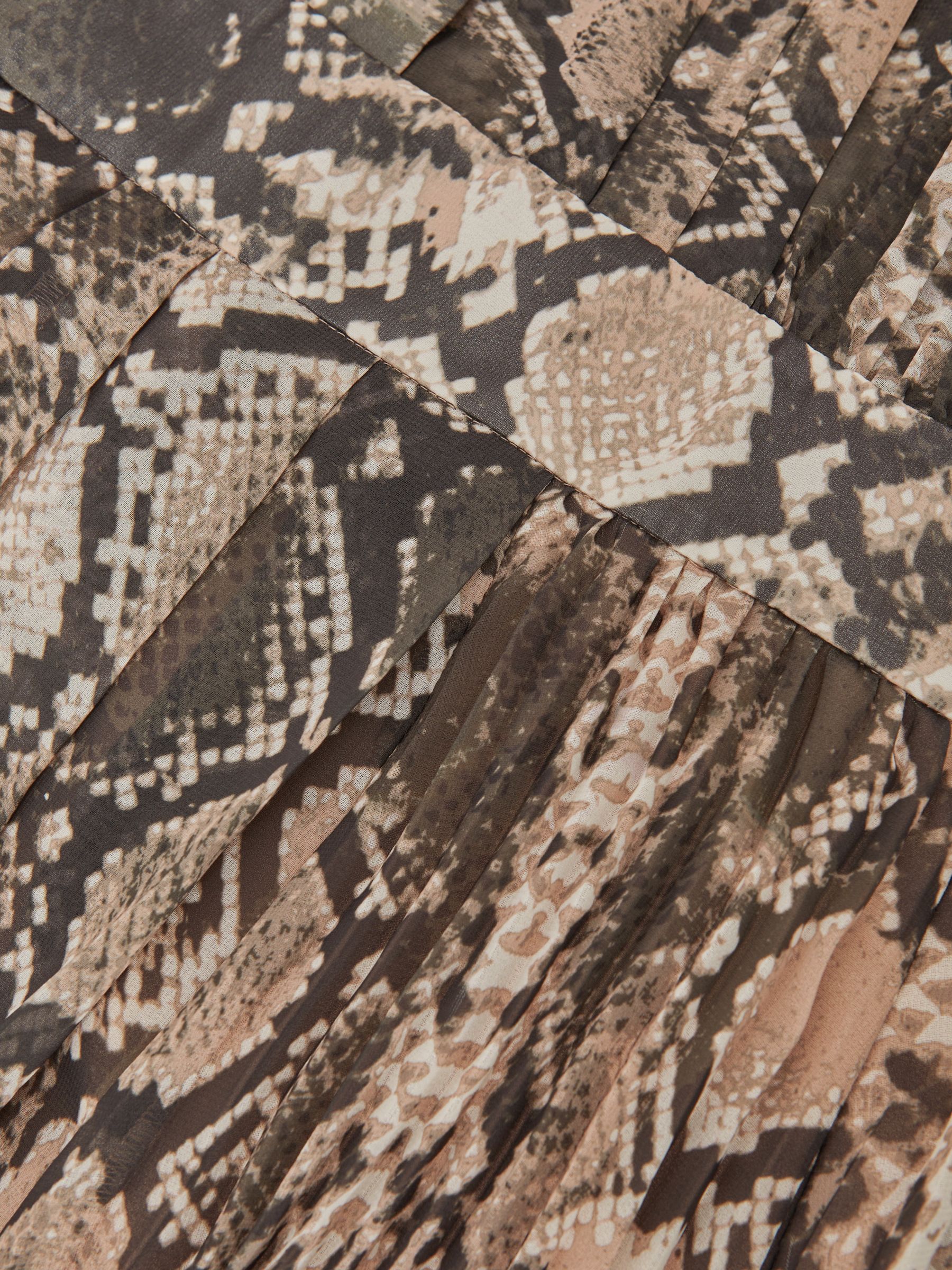 Snake-Print Pleated Midi Dress in Neutral