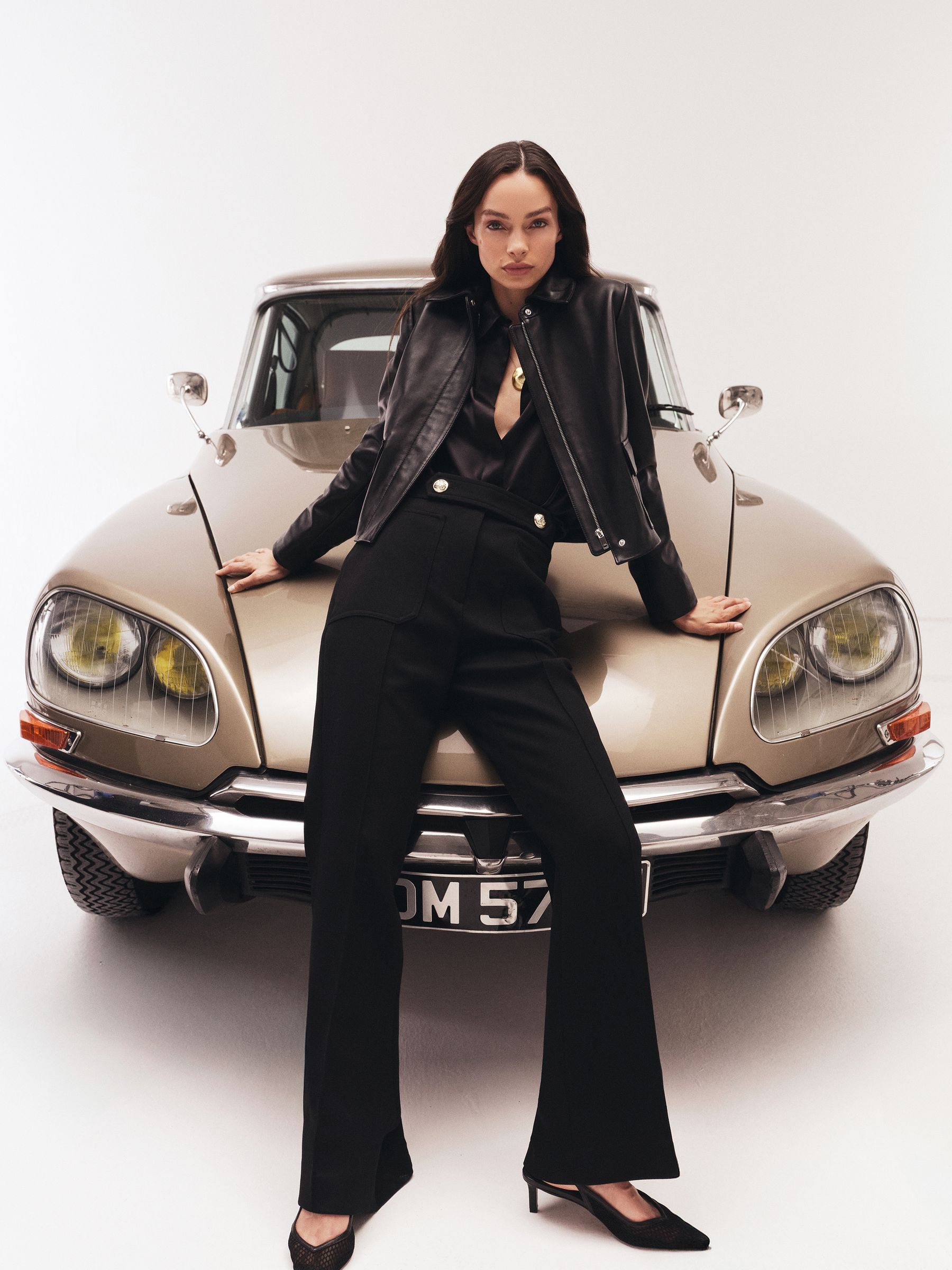 Twill Button-Tab Flared Trousers With Wool in Black