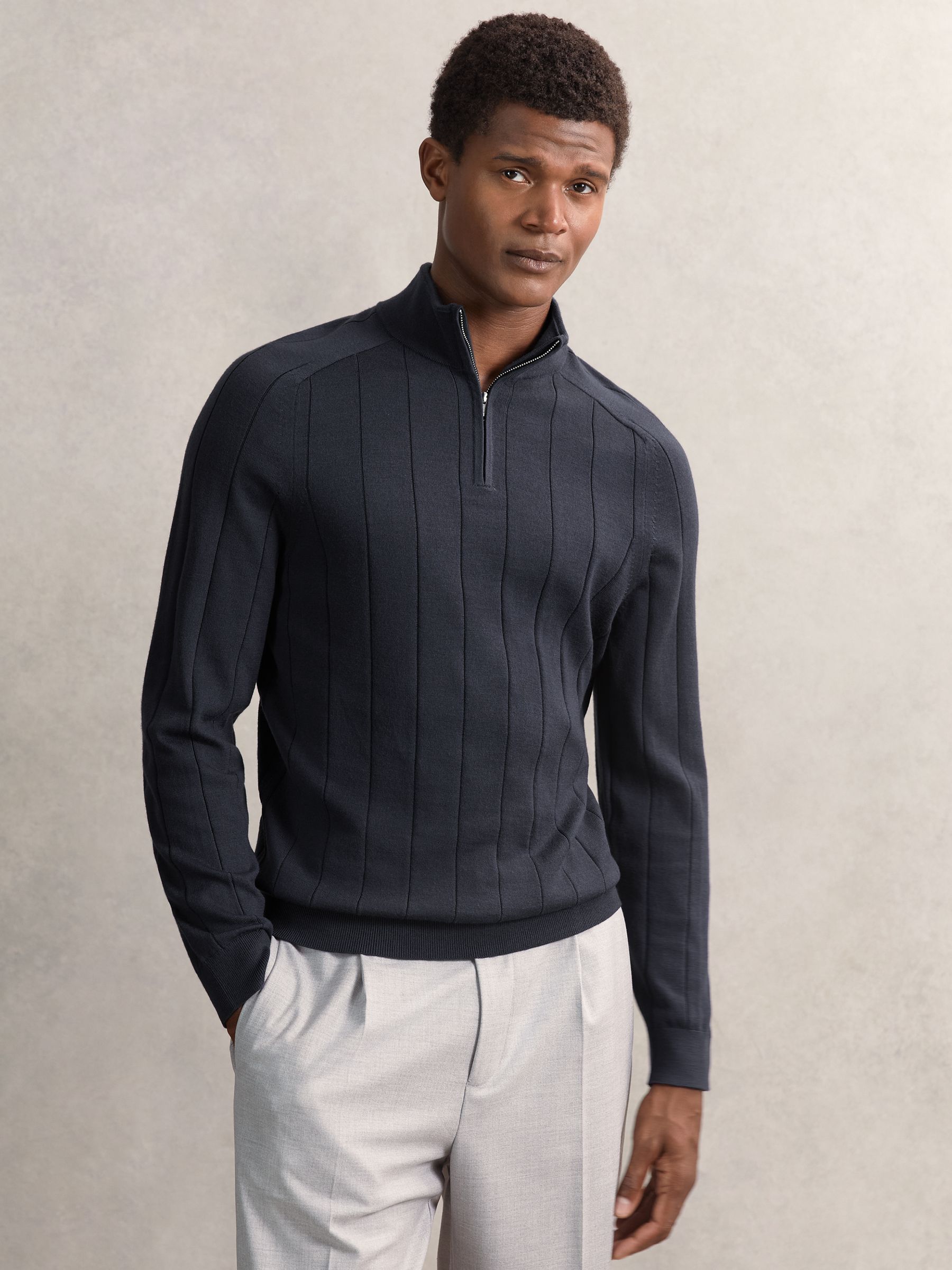 Merino Wool Wide-Rib Half-Zip Jumper in Navy