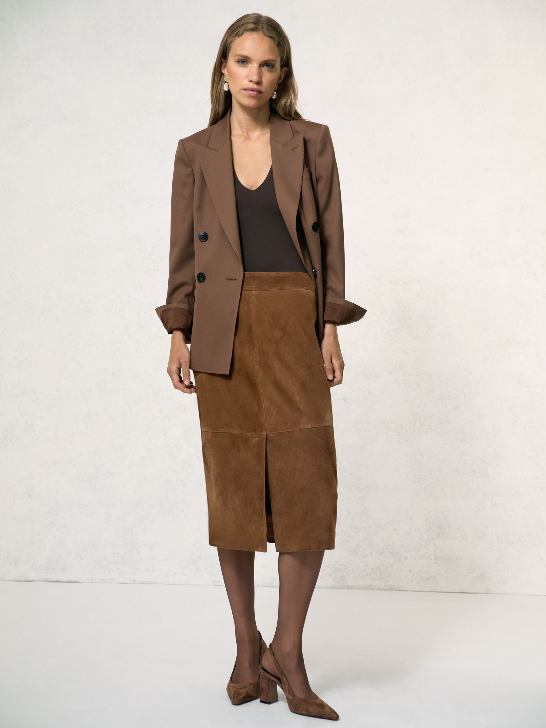 Suede Straight-Fit Midi Skirt in Tan Brown