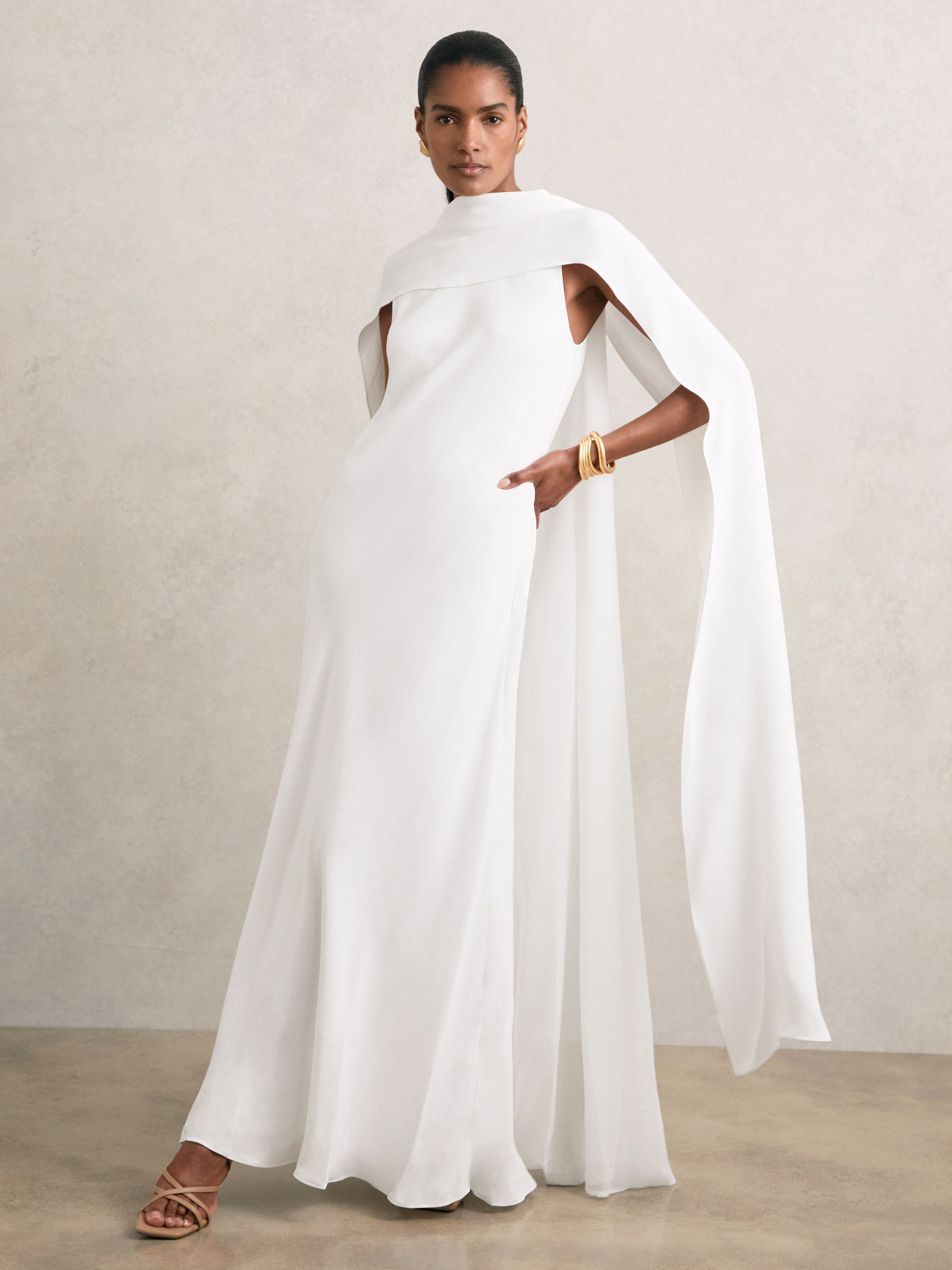 Crepe Cape Maxi Dress in White