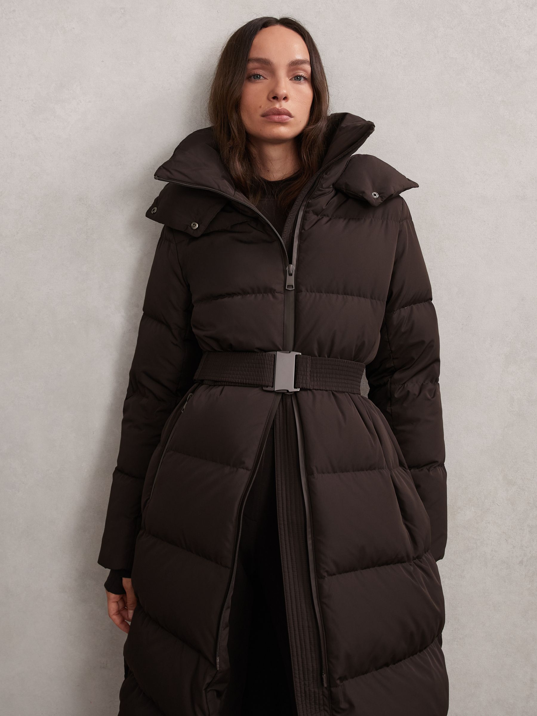 Belted Longline Hooded Puffer Coat in Chocolate Brown