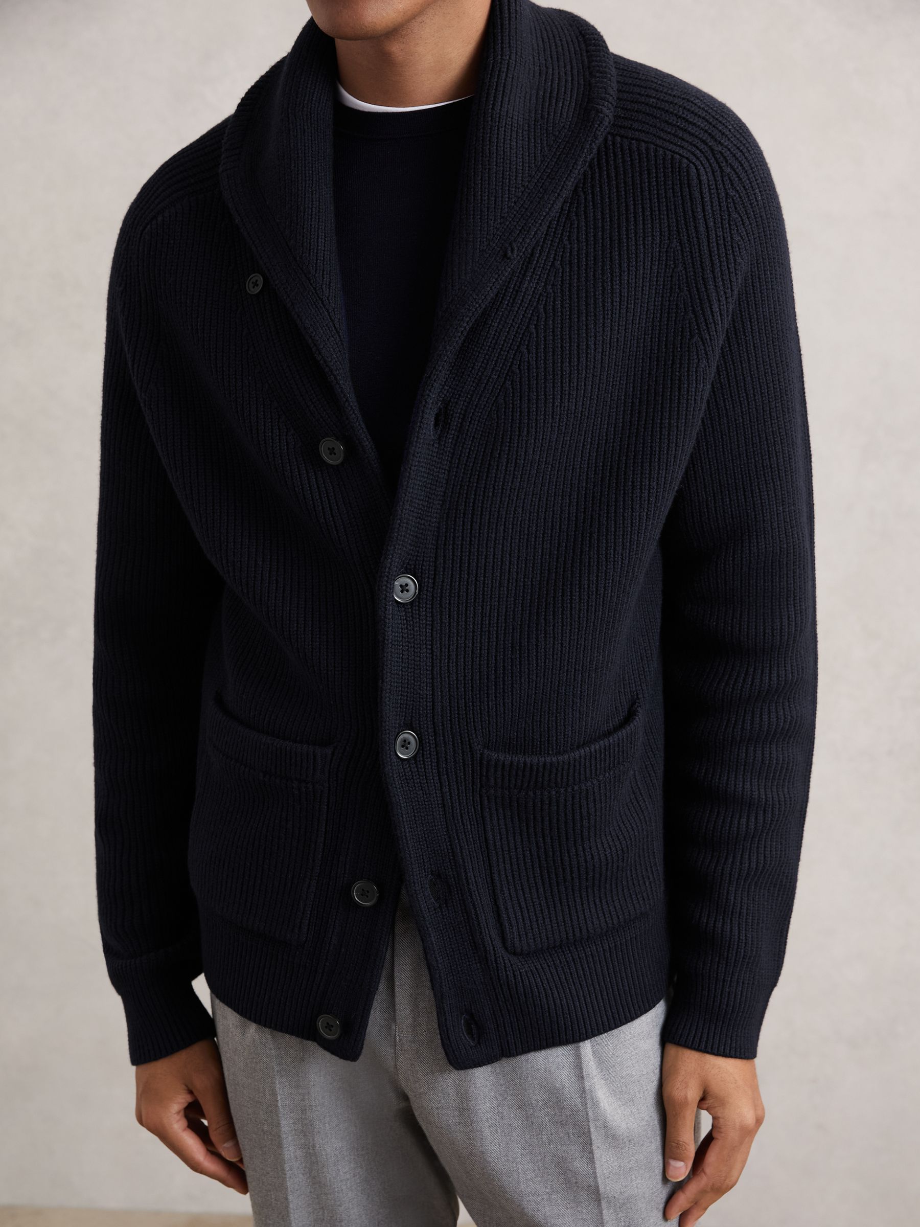 Shawl-Collar Cardigan With Wool in Navy