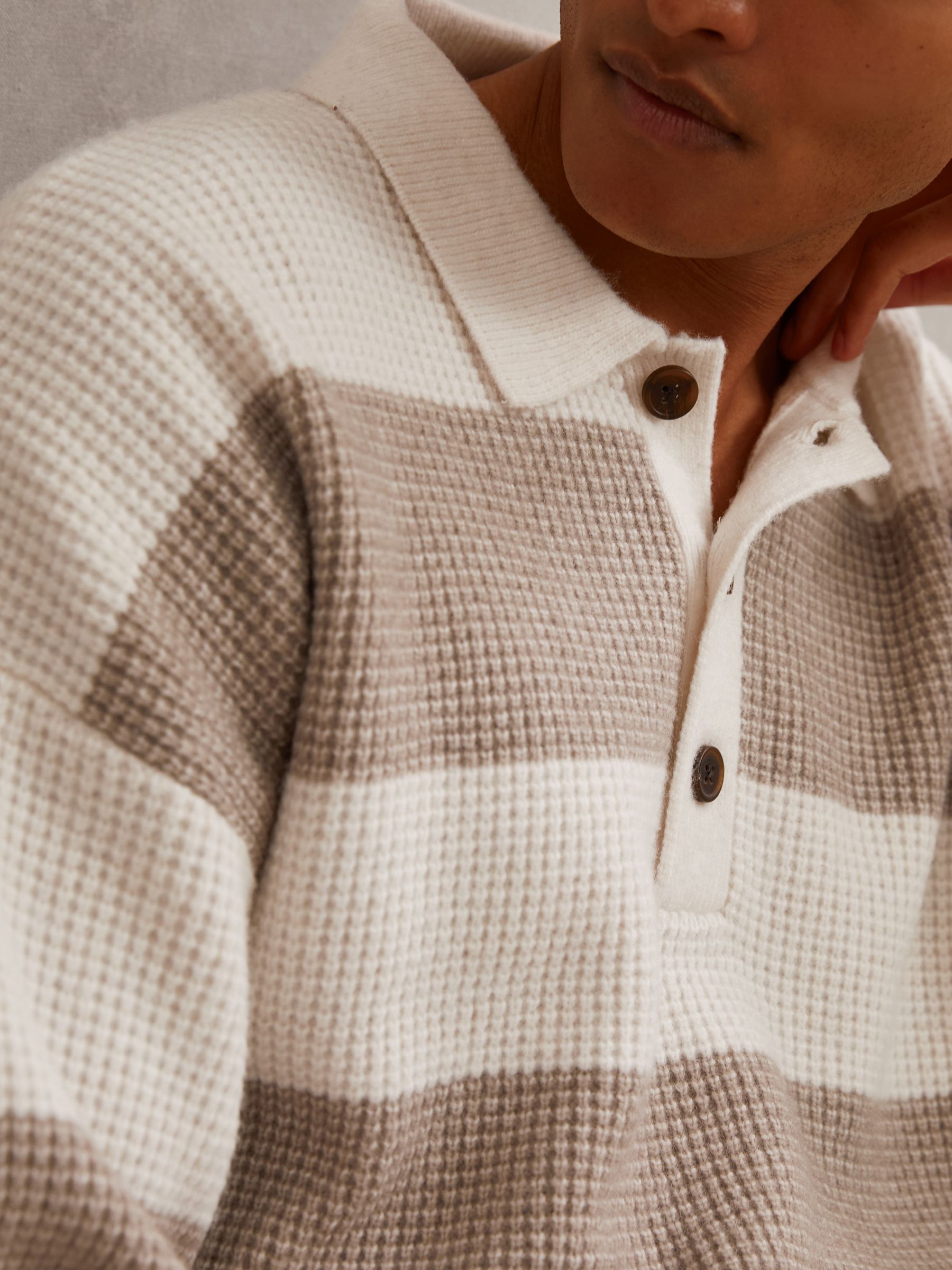 Waffle-Knit Stripe Half-Button Jumper with Wool in Off White/Putty