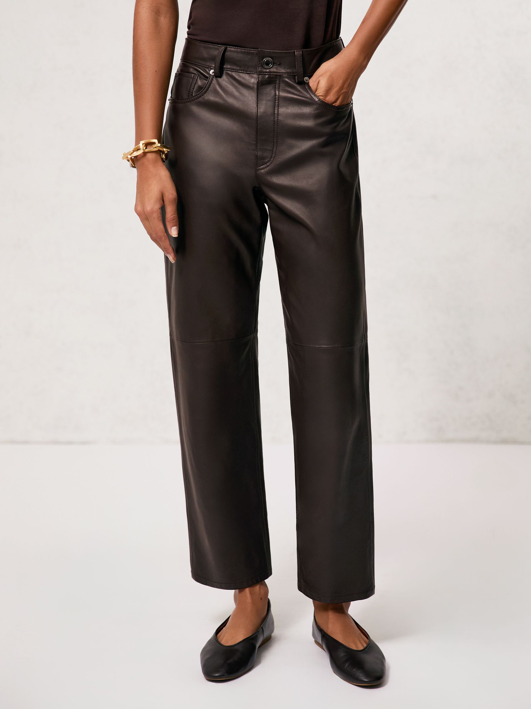 Petite Leather Slim-Leg Trousers in Chocolate