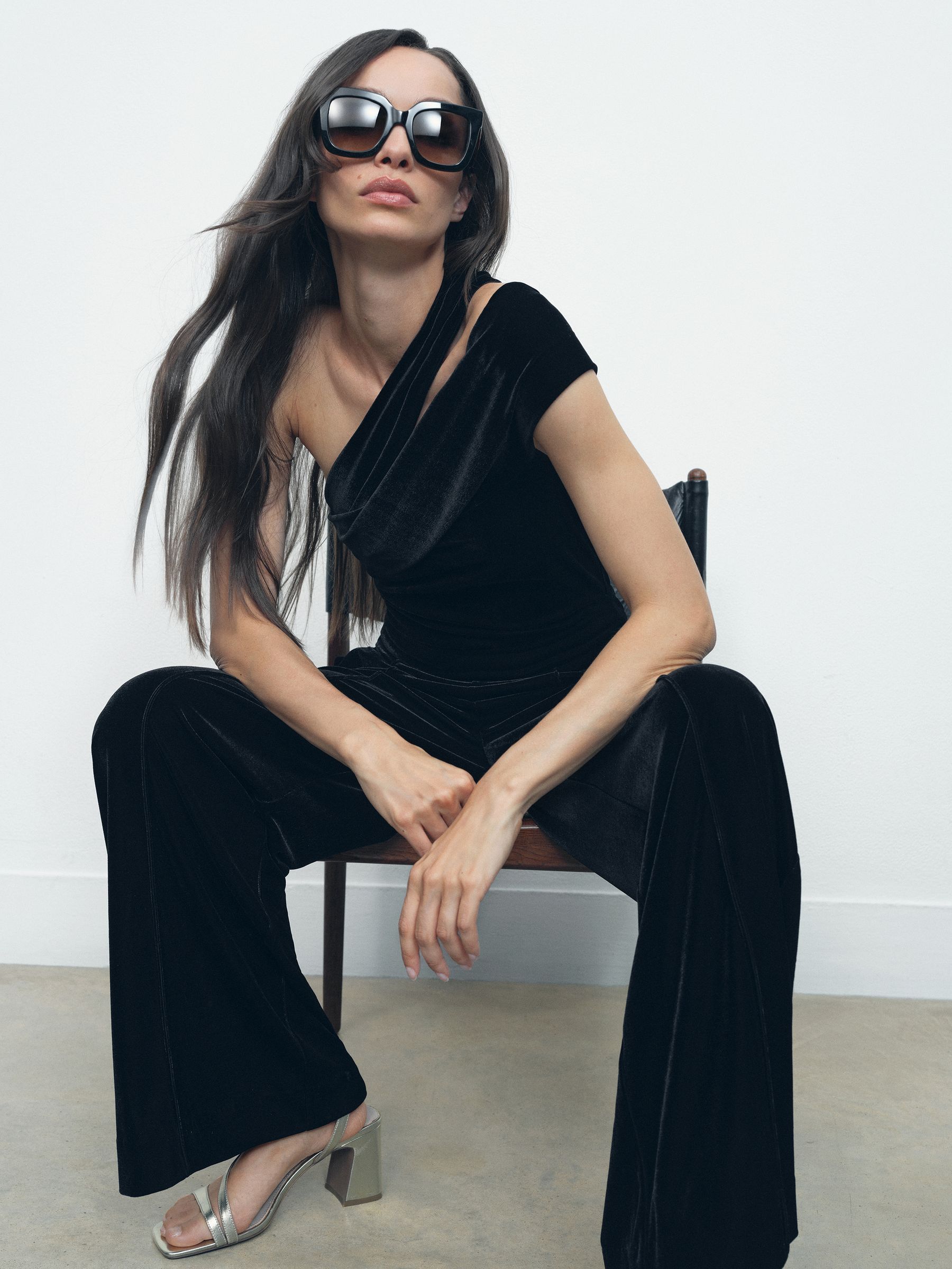 Velvet One-Shoulder Wide-Leg Jumpsuit in Black