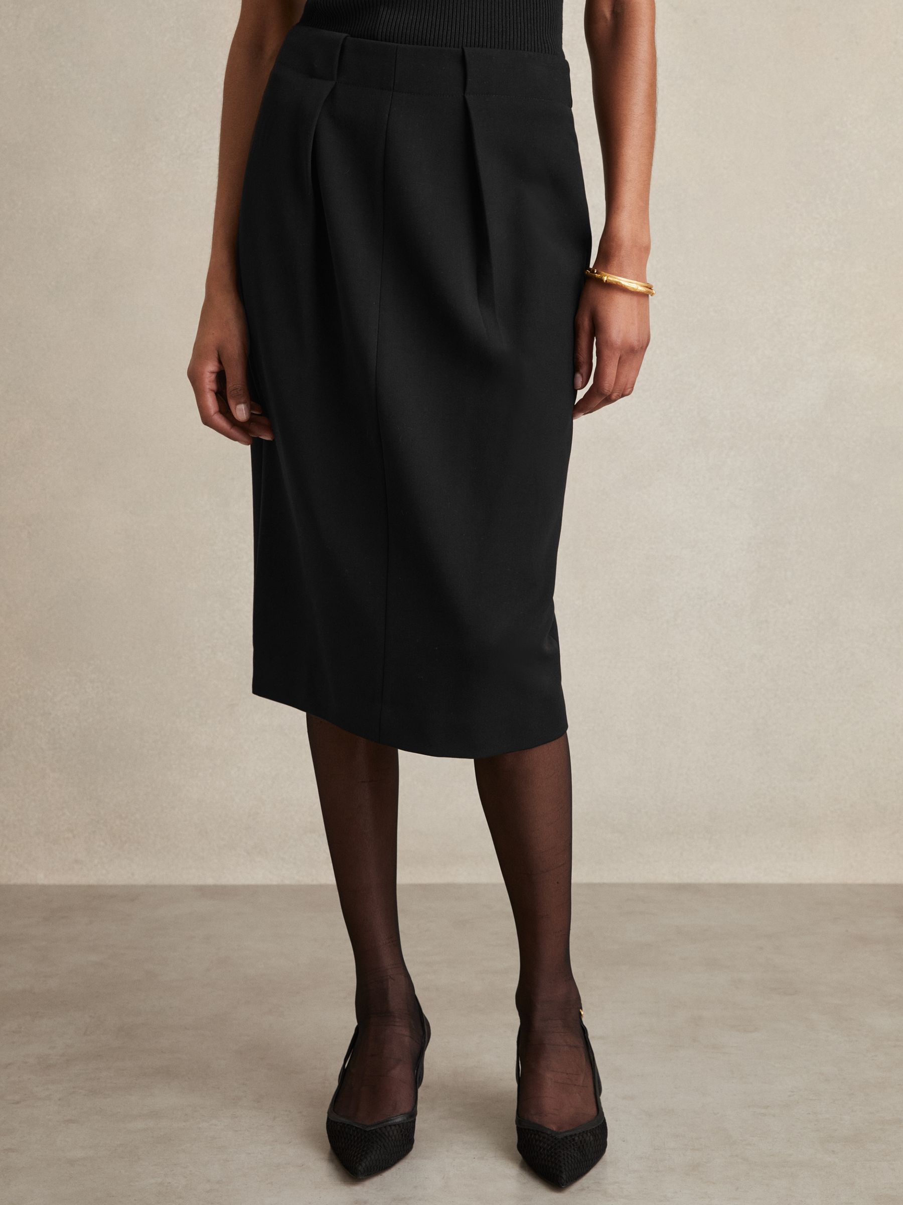 Petite Tailored Midi Suit Skirt in Black