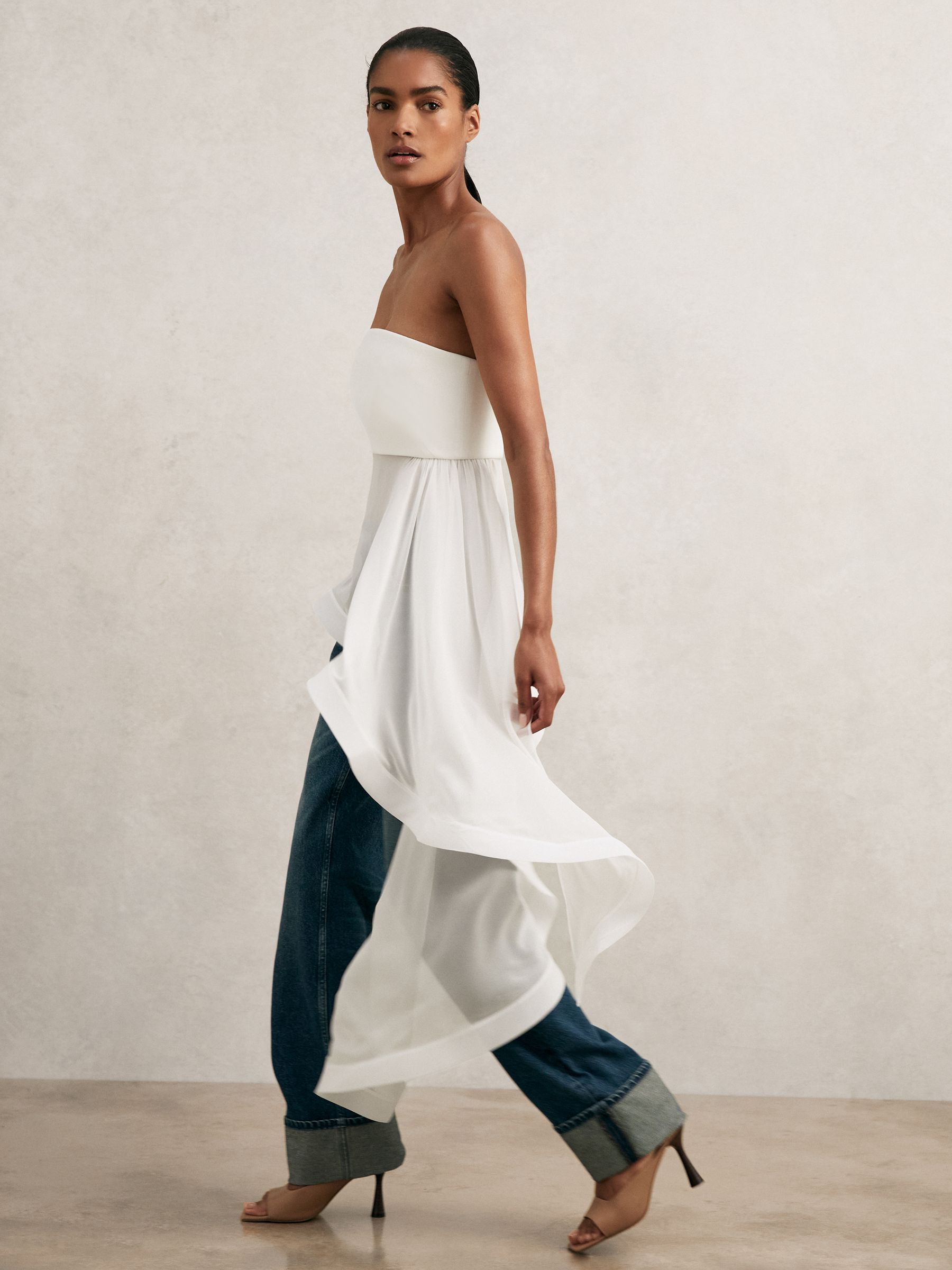 Silk Asymmetric-Ruffle Bandeau Top in Ivory