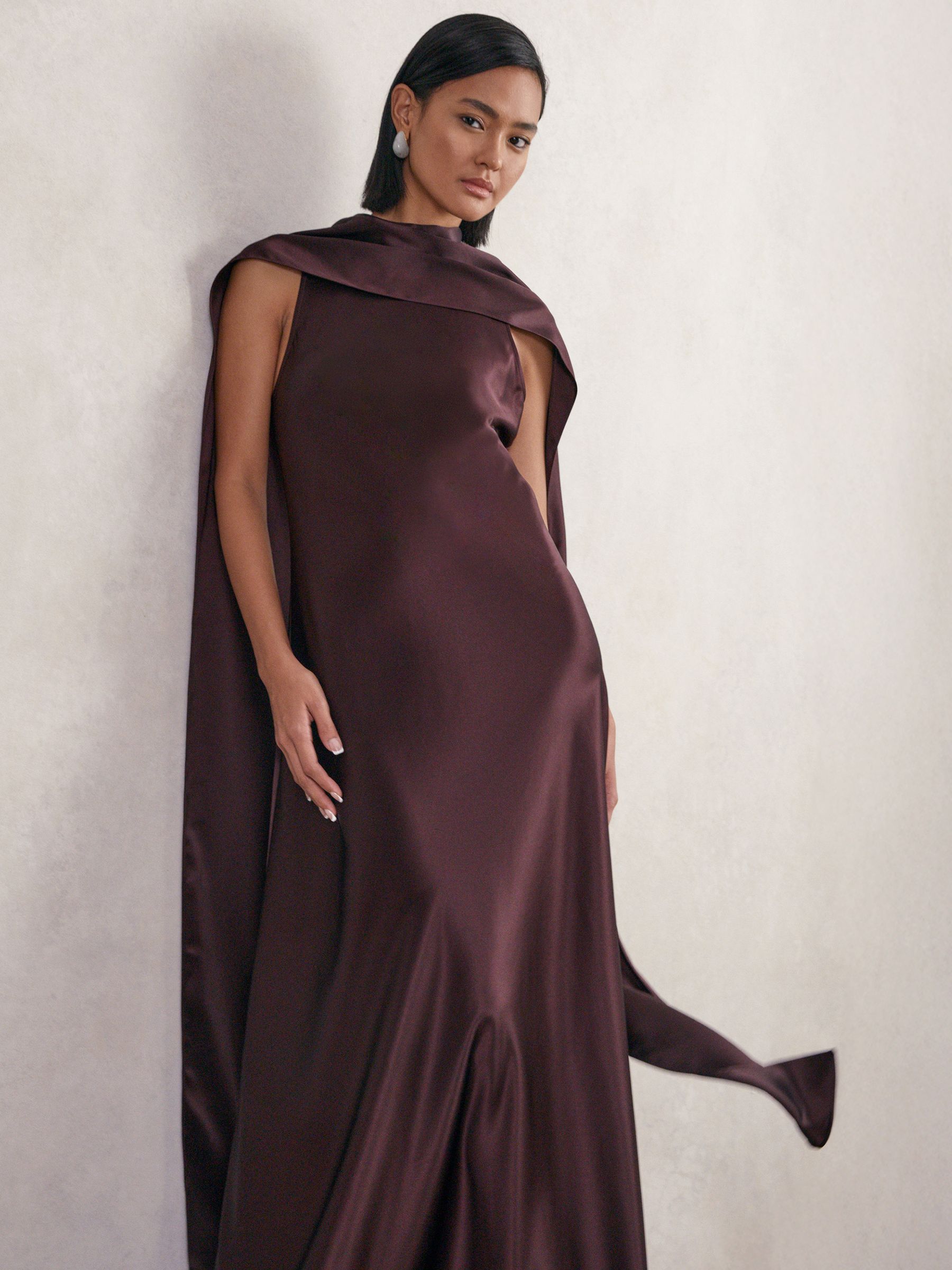 Satin Cape Maxi Dress in Burgundy