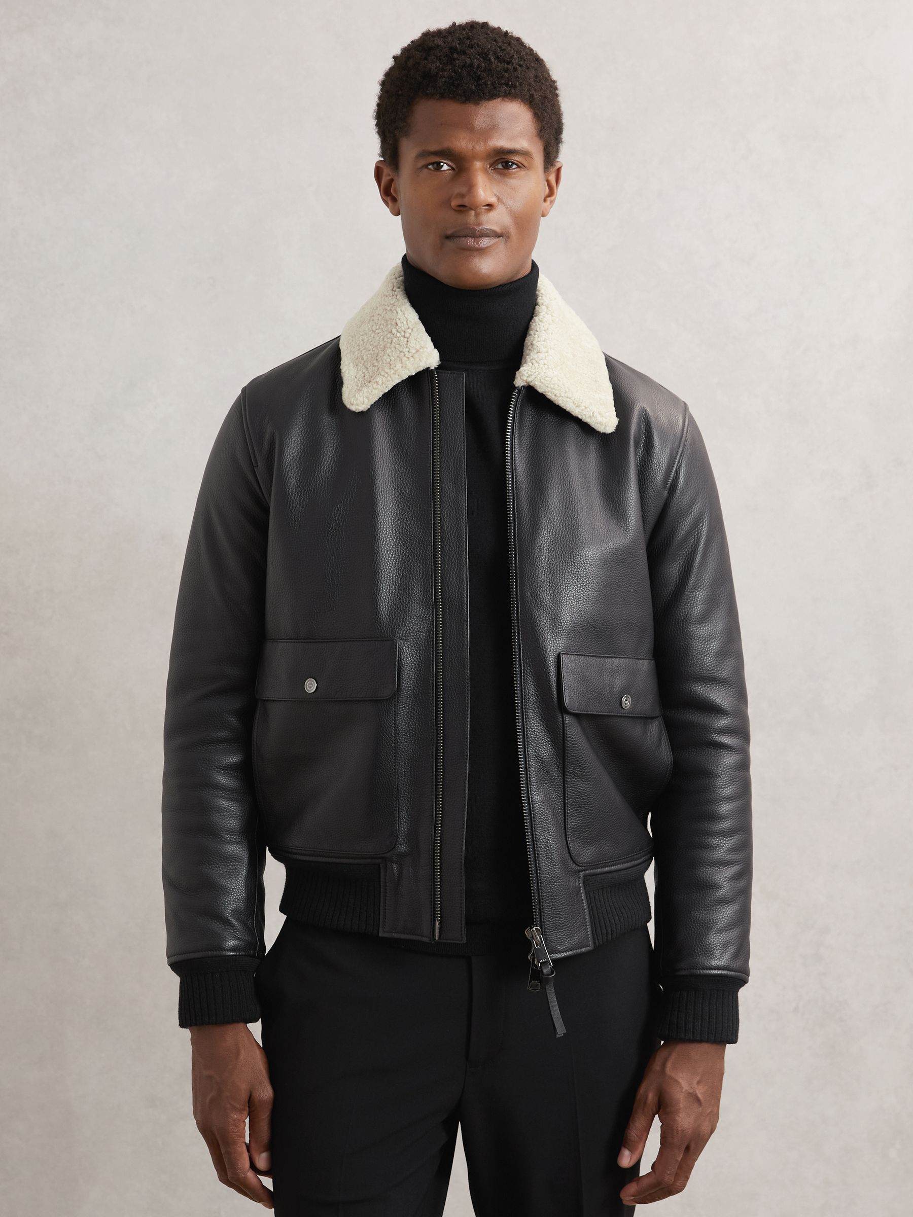 Leather Shearling-Collar Bomber Jacket in Black