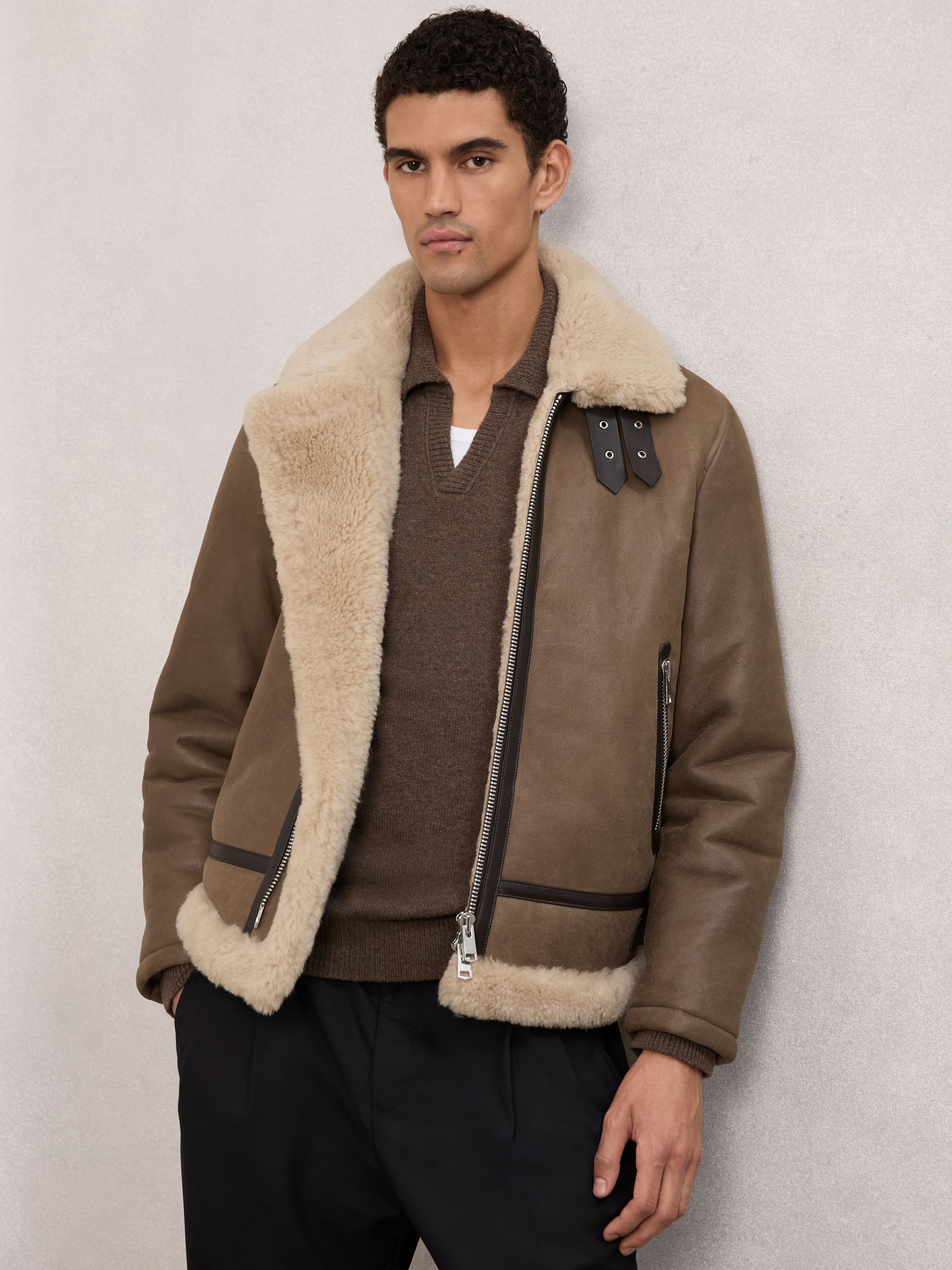 Shearling-Collar Leather Jacket in Light Brown