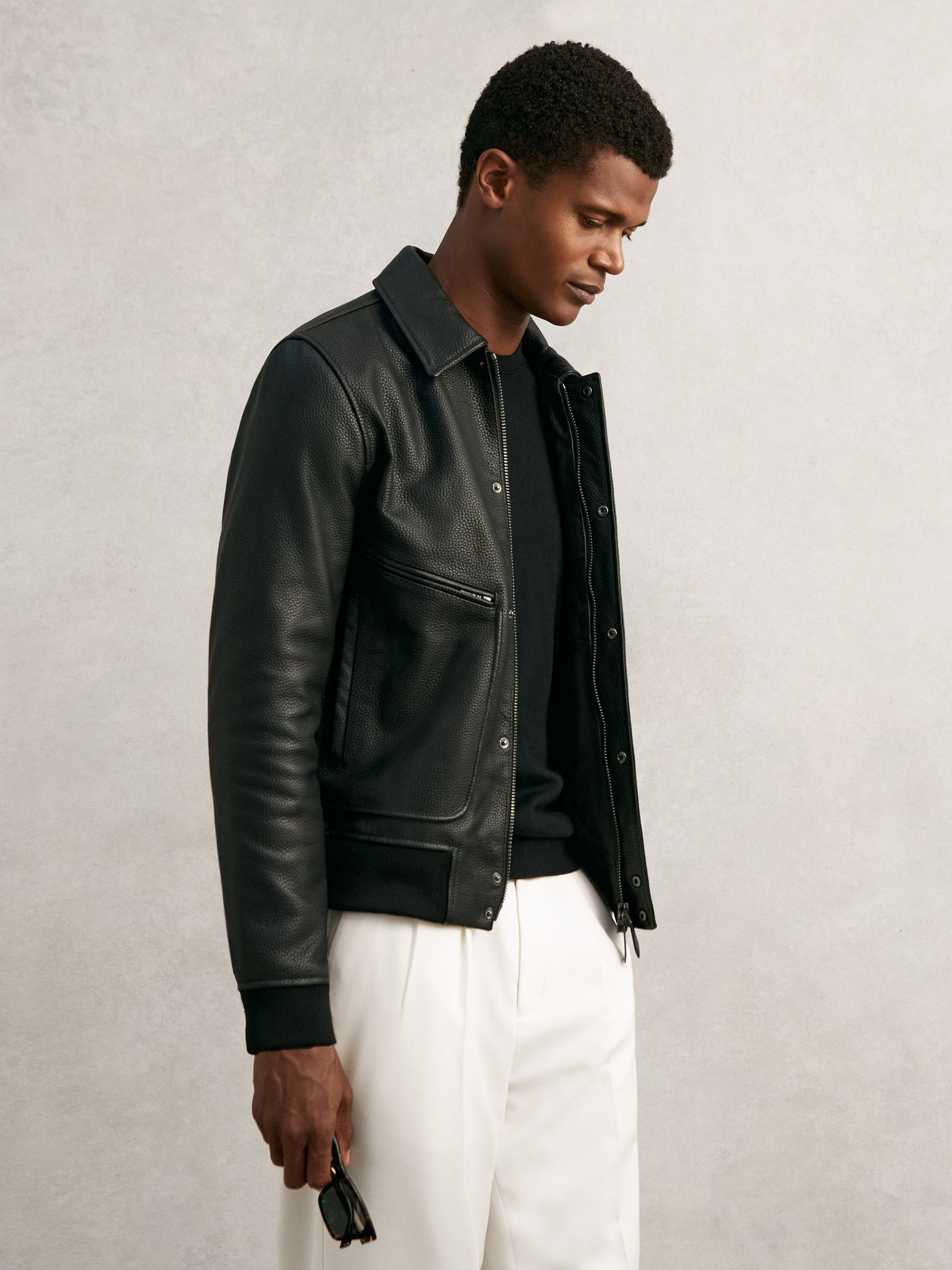 Grained Leather Zip Through Jacket in Black