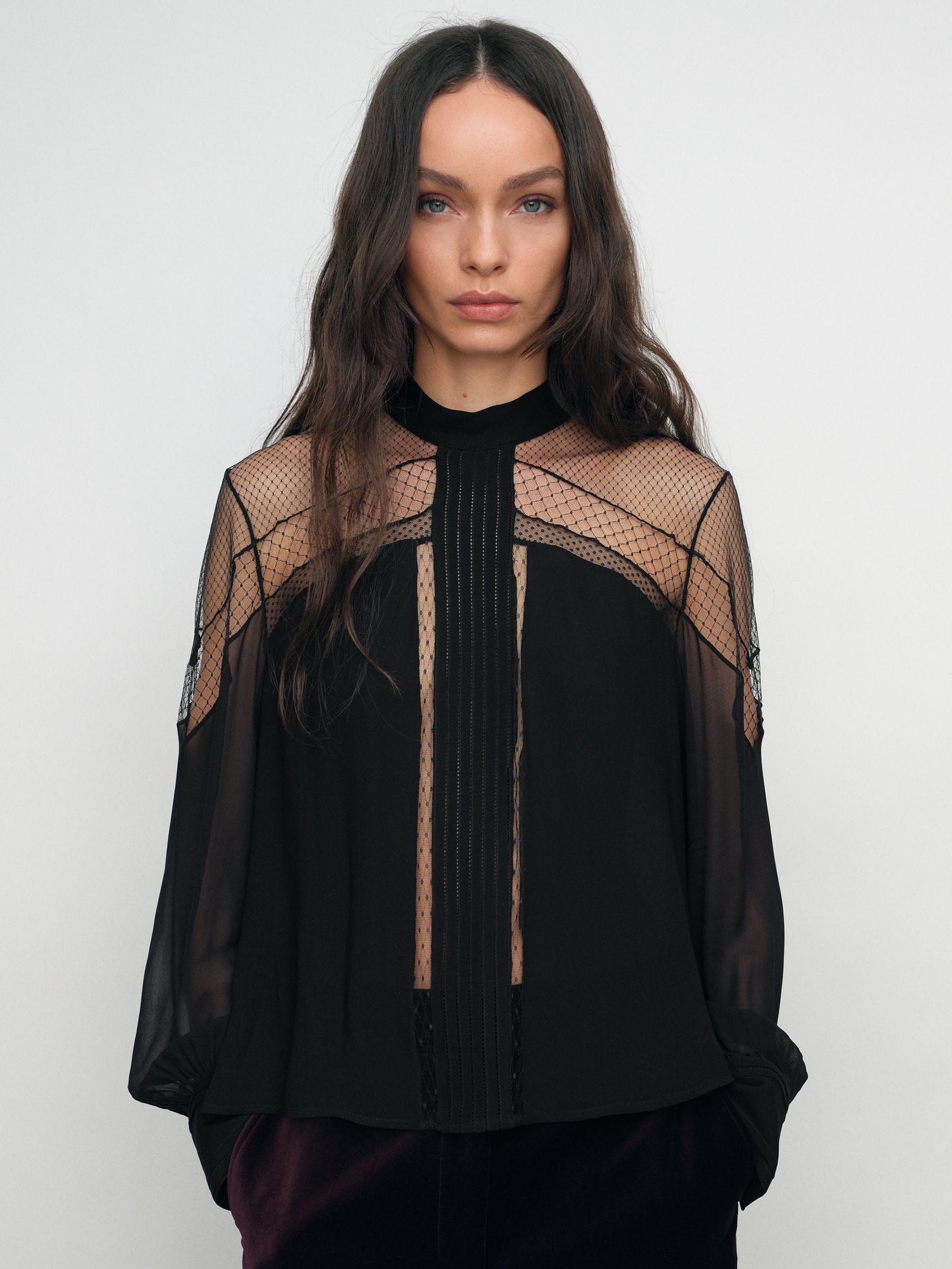 Lace-Insert Tie-Back Blouse in Black