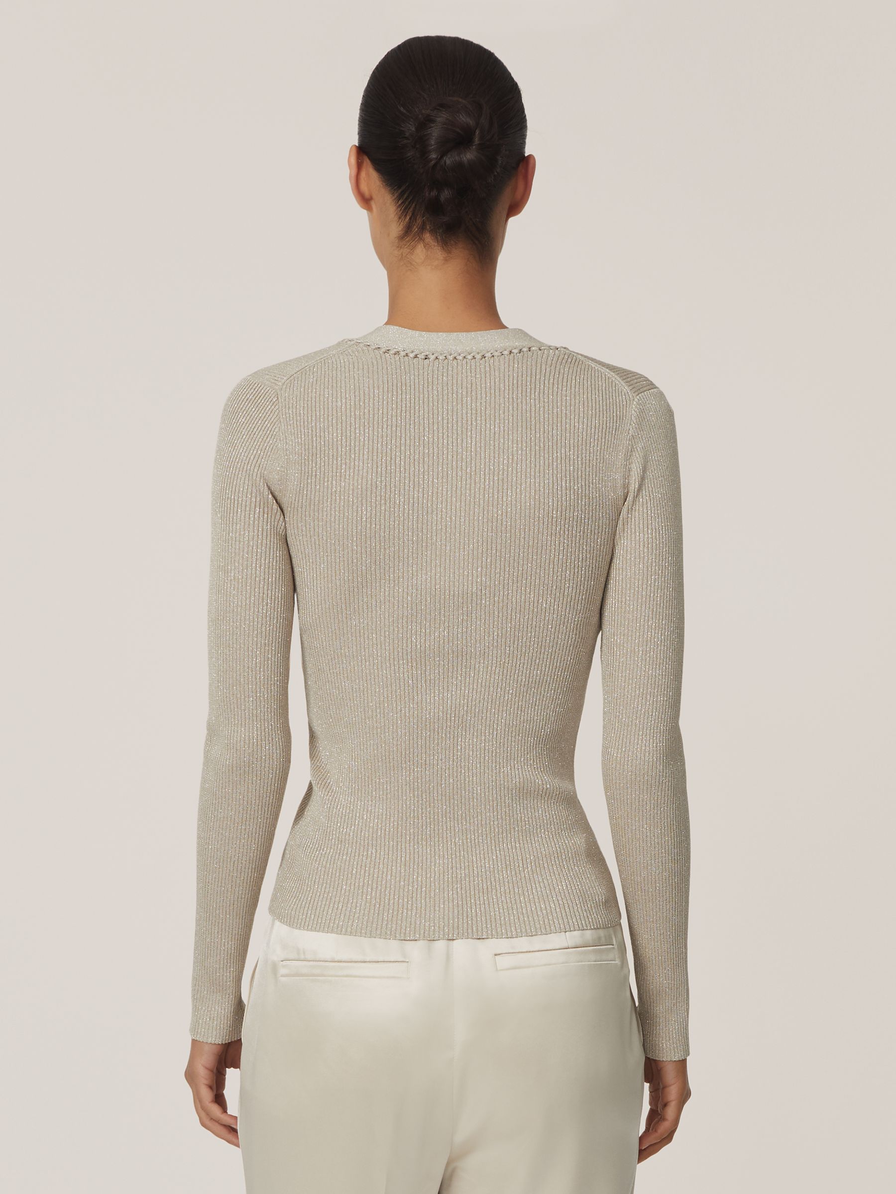 Metallic Craft-Stitch Rib-Knit Top in Champagne