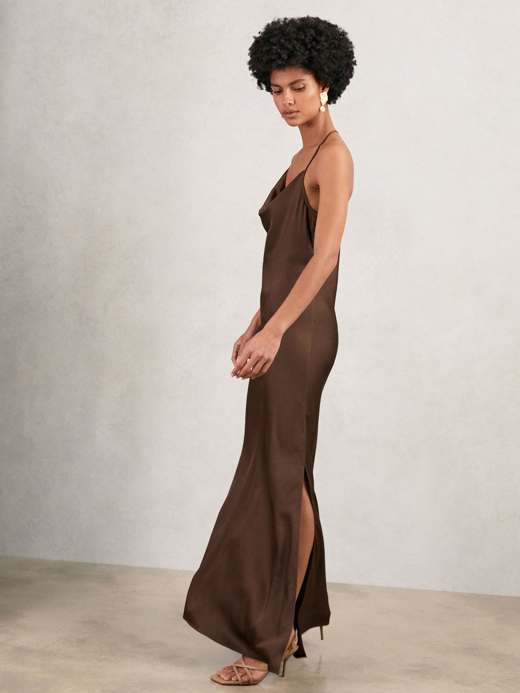 Satin Cowl-Neck Slip Dress in Chocolate Brown