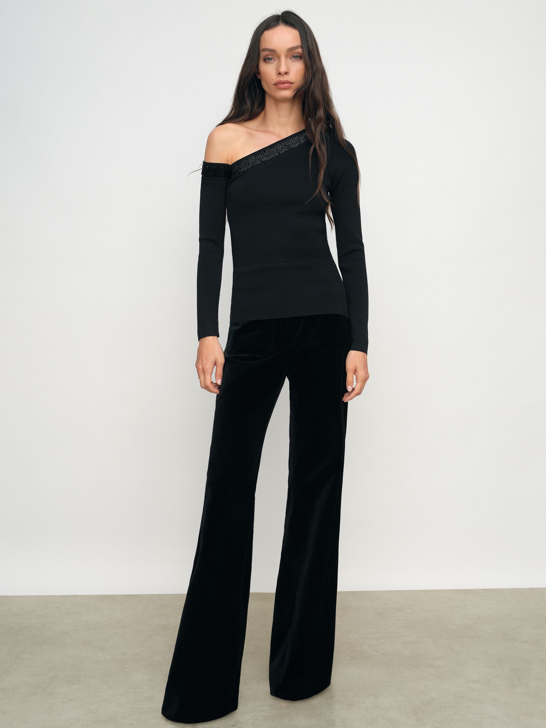 Bead-Detail Off-Shoulder Knit Top in Black