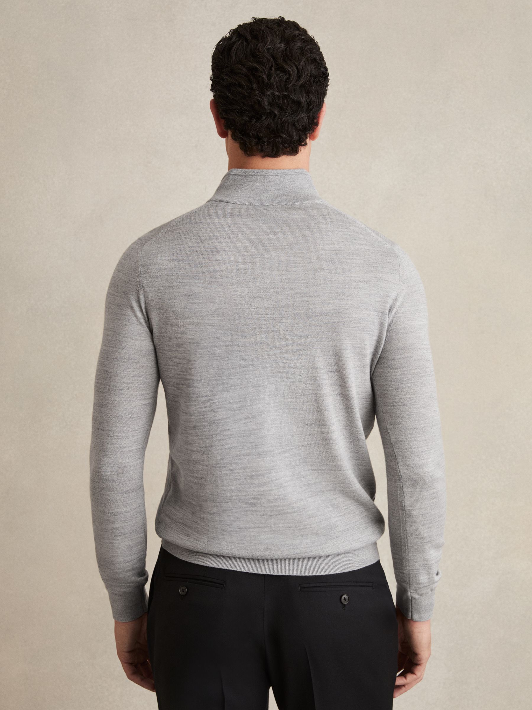 Merino Wool Half-Zip Funnel Neck Jumper in Soft Grey Mouline