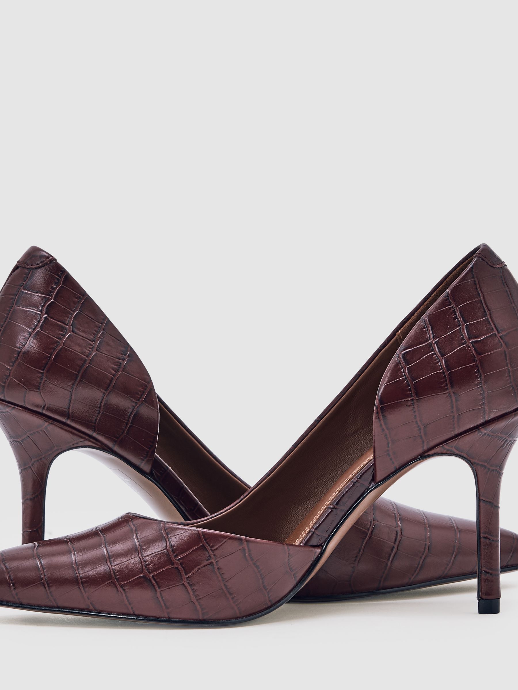 Leather Crocodile-Effect Court Shoes in Burgundy