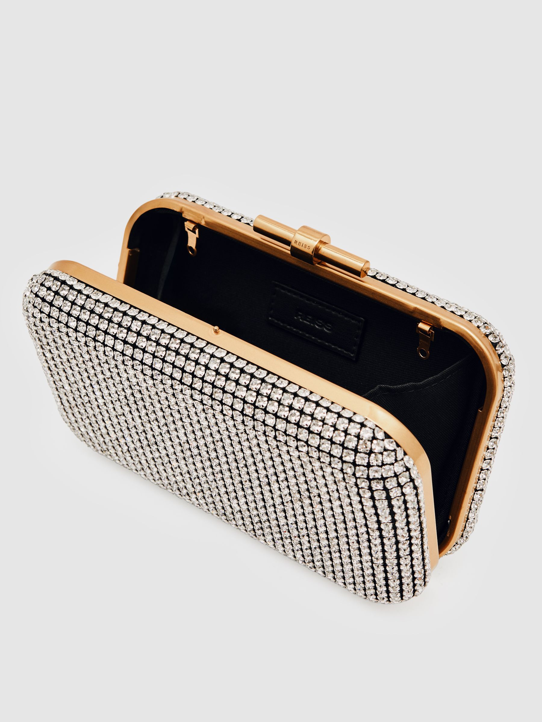 Crystal-Embellished Box Clutch Bag in Silver