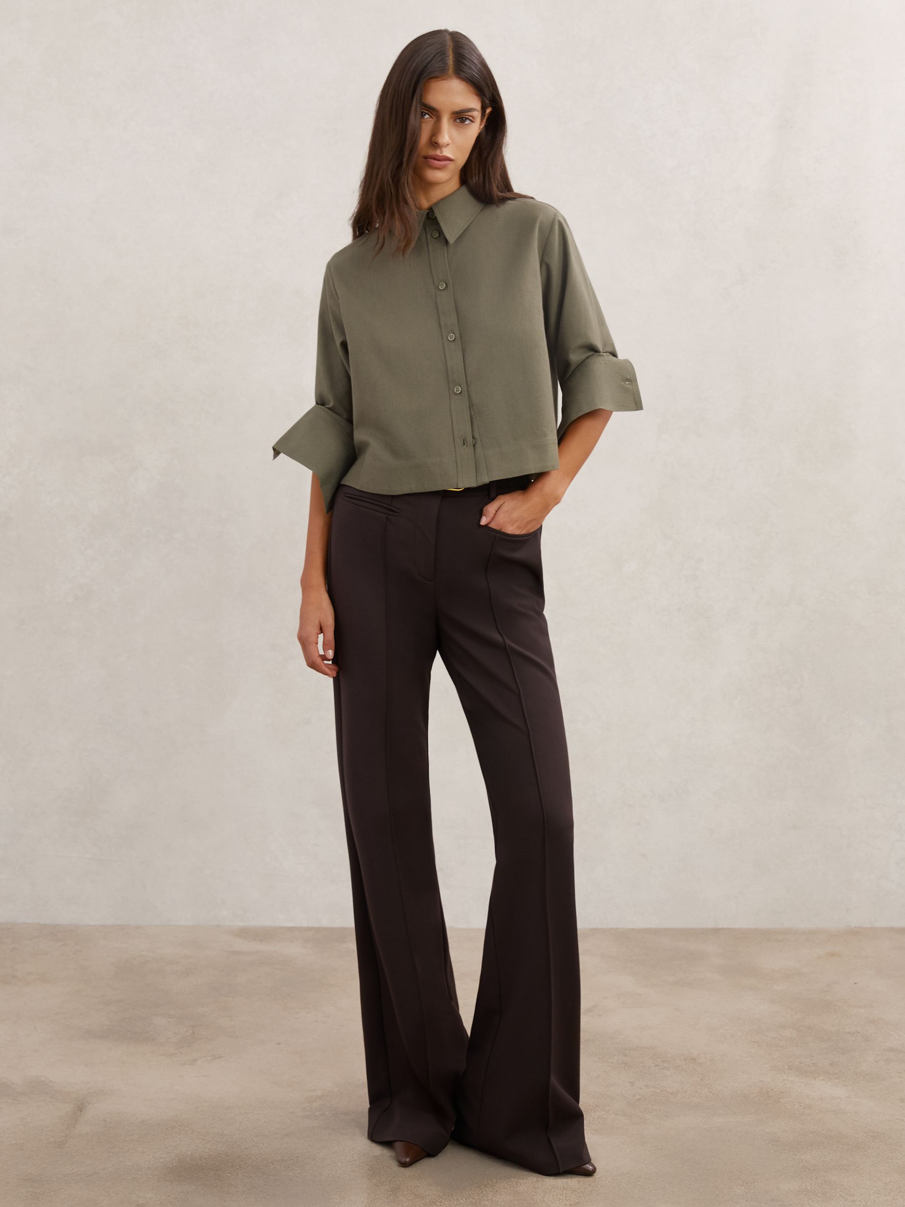 Cotton and Wool Cropped Shirt in Khaki Green