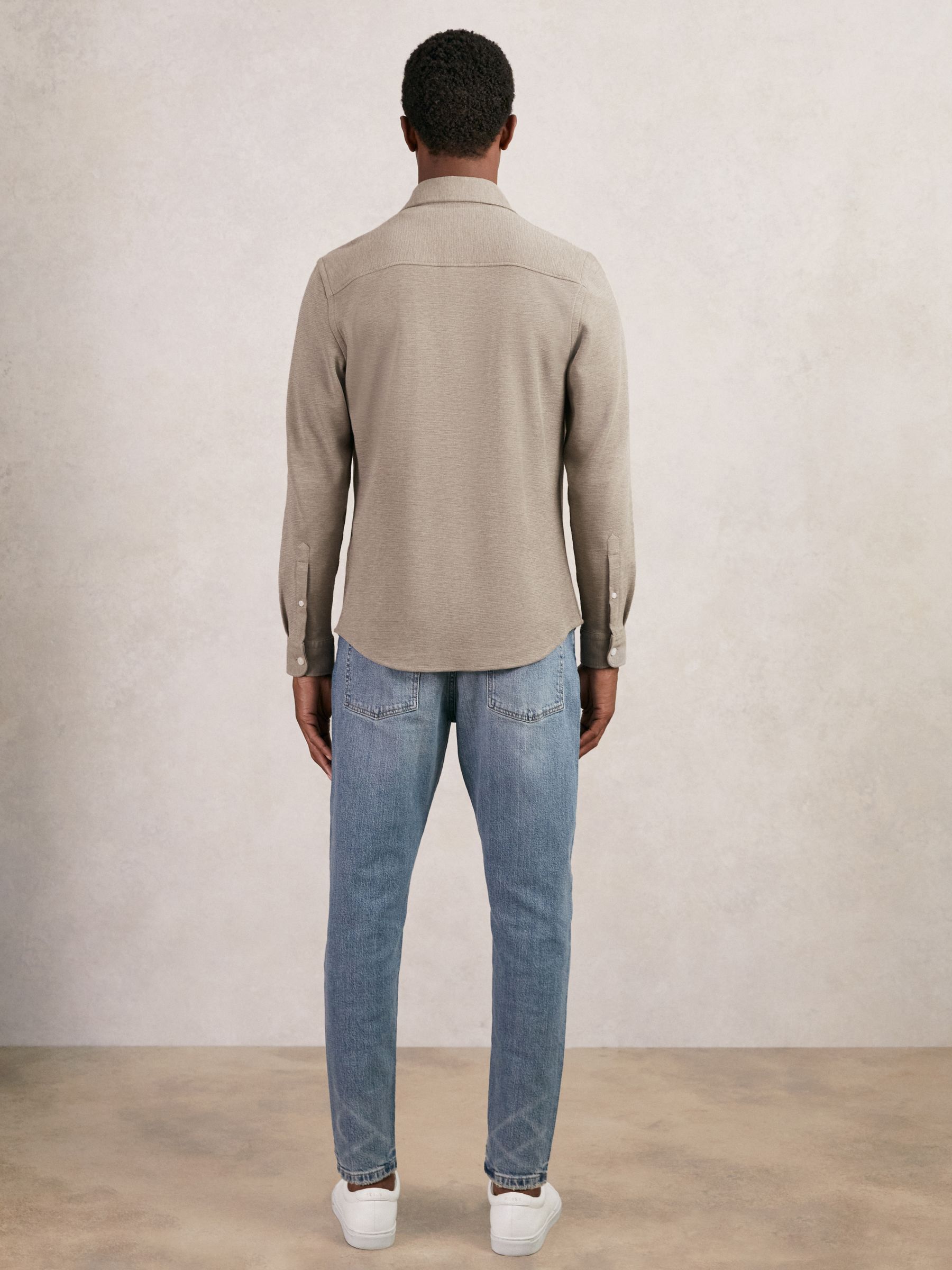 Textured Twin Pocket Cotton Blend Overshirt in Oatmeal Brown Melange