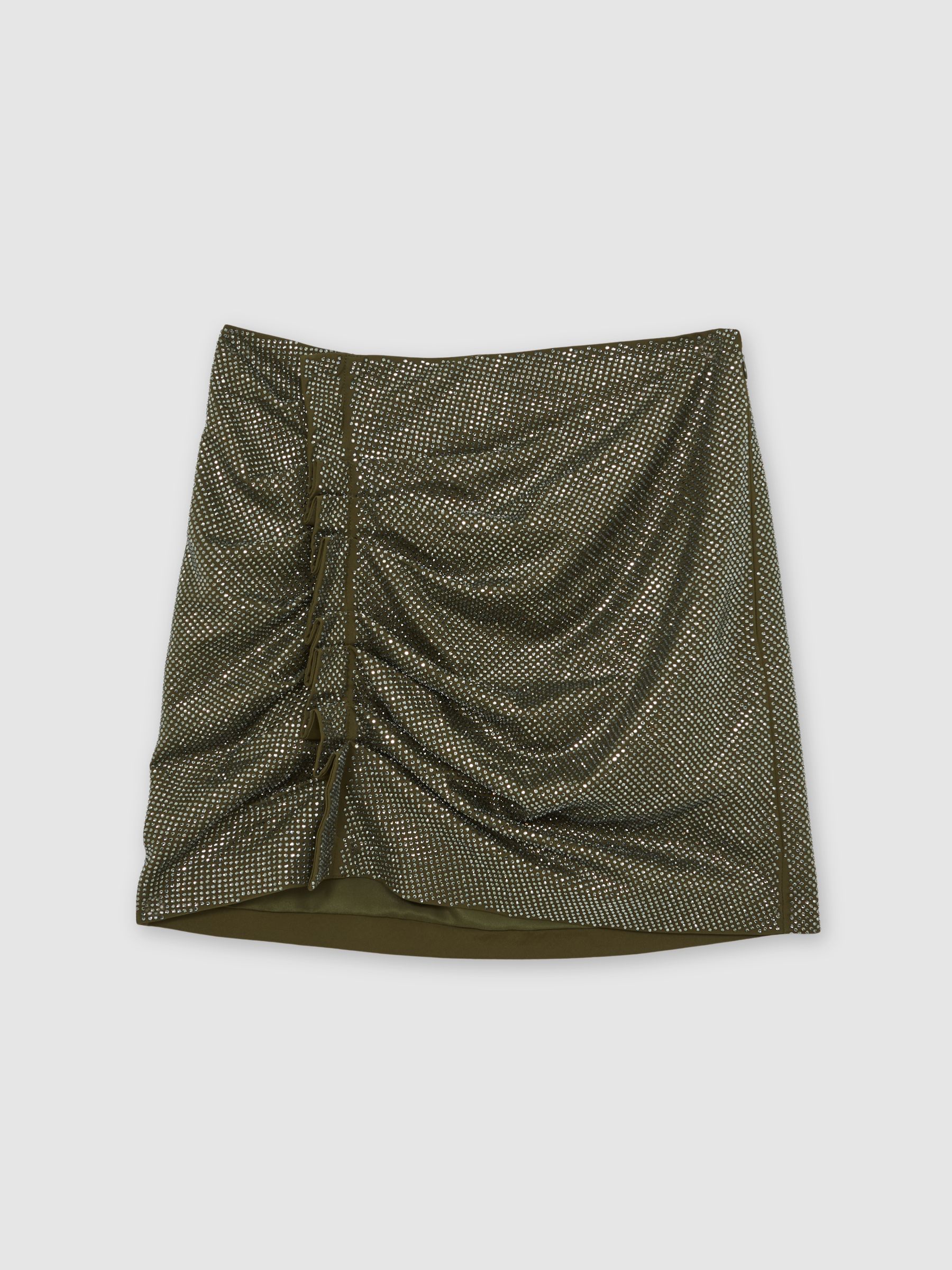 Crystal-Embellished Ruched Mini Skirt in Khaki Green
