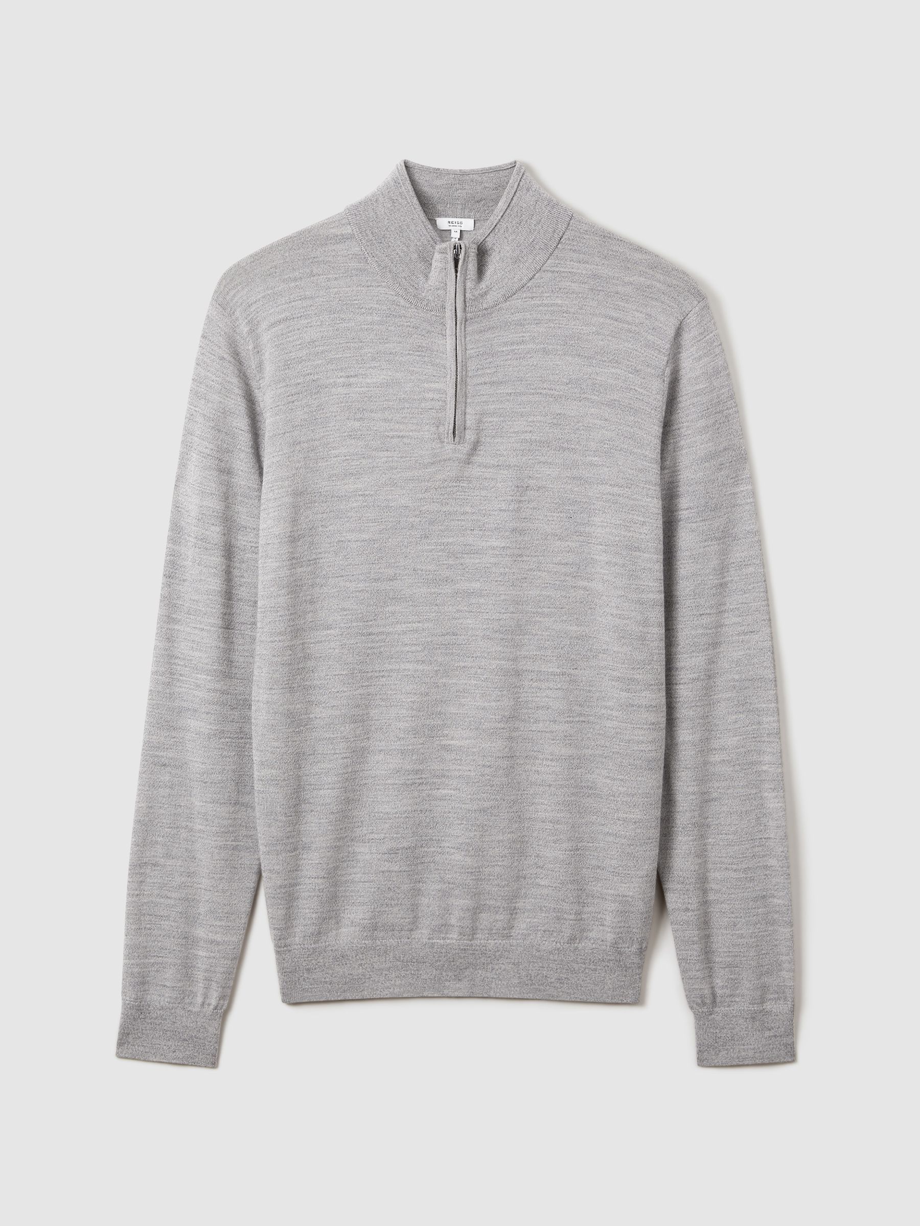 Merino Wool Half-Zip Funnel Neck Jumper in Soft Grey Mouline